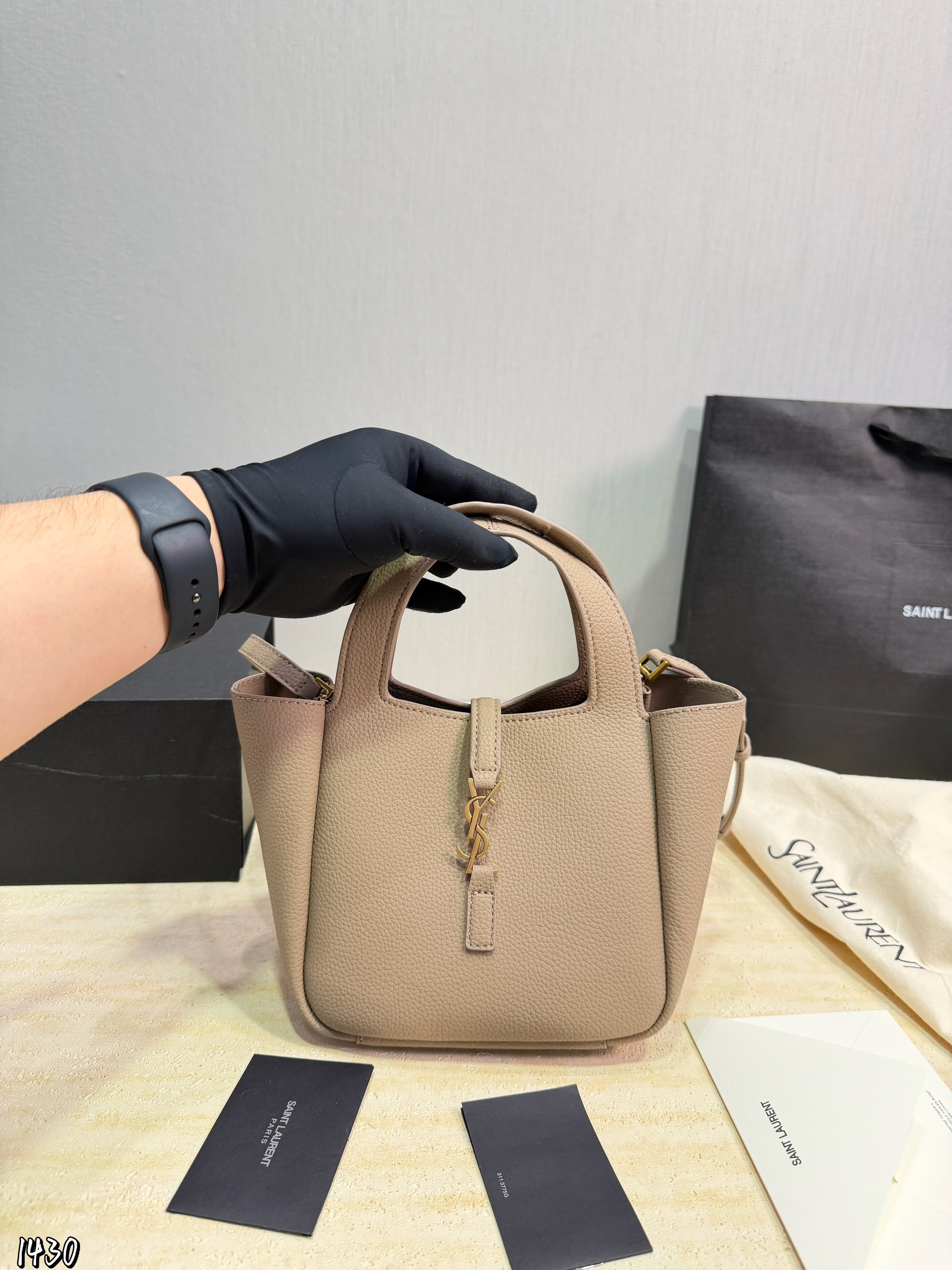 Saint Laurent Mini Bea Hobo Grain Leather YSL Front Toggle Fold Wing Tote Bucket Shoulder Bag - KAIROO