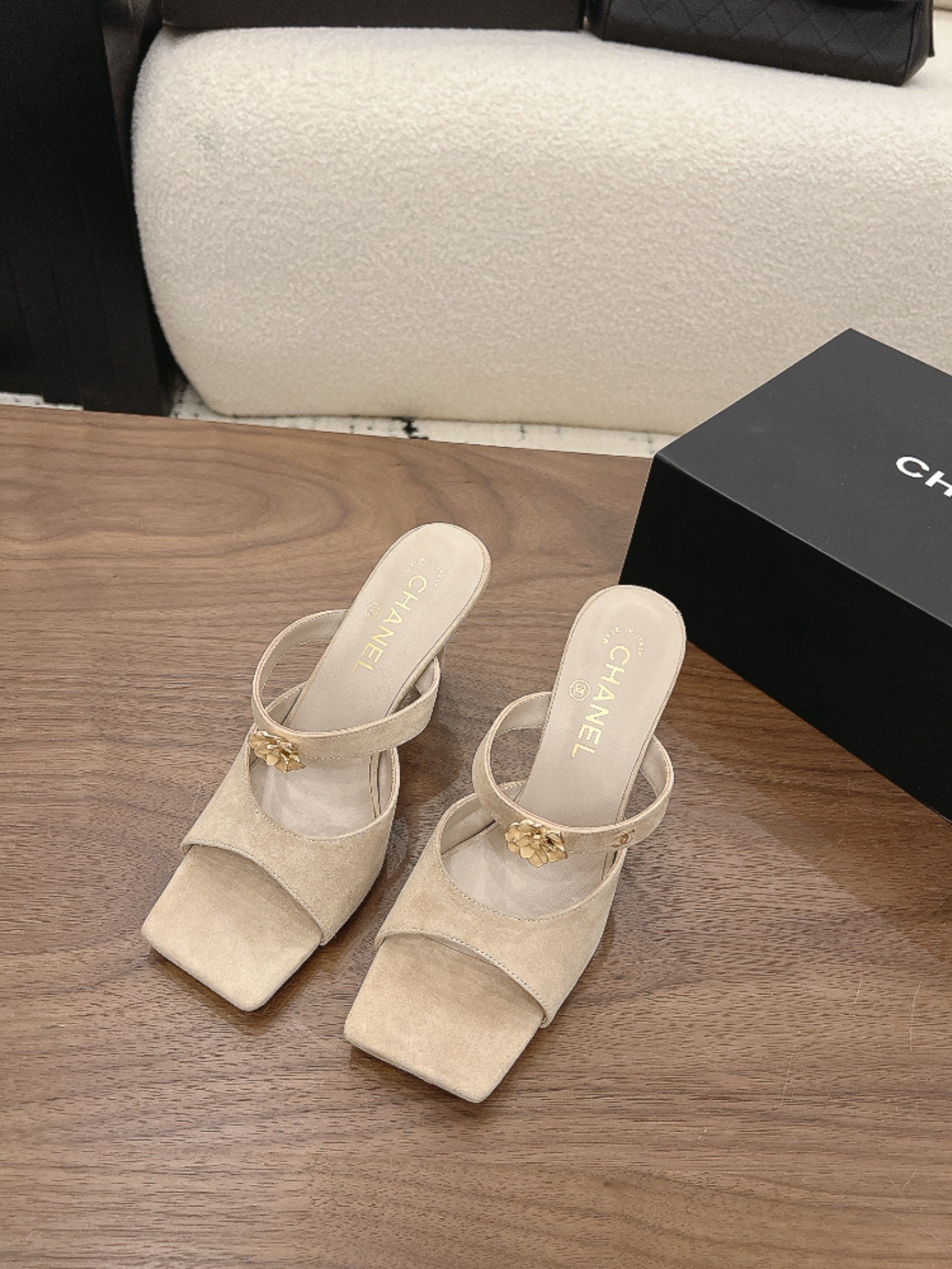 Chanel 26K Beige Camellia Buckle Suede Leather Square Toe Sandals Mules Heels - KAIROO
