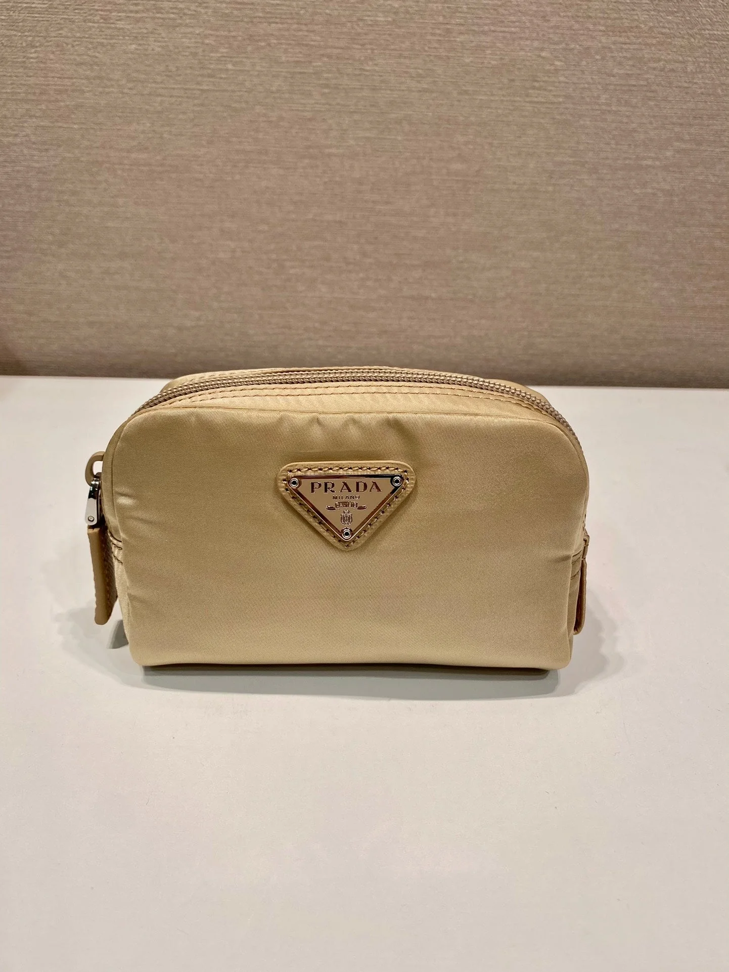Prada CLUTCH 12 IN TAN BROWN RE-NYLON