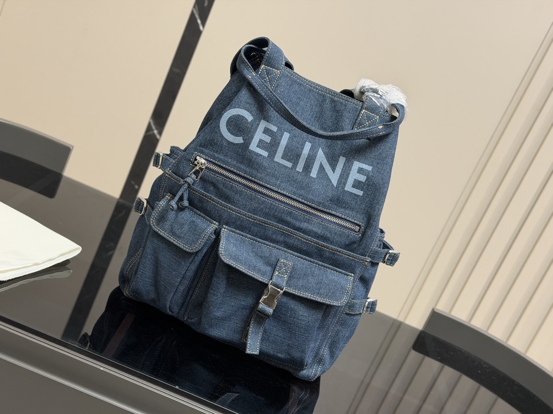 Celine Logo-Print Washed Denim Soft Multi-Pocket Cargo Tote Bag - KAIROO