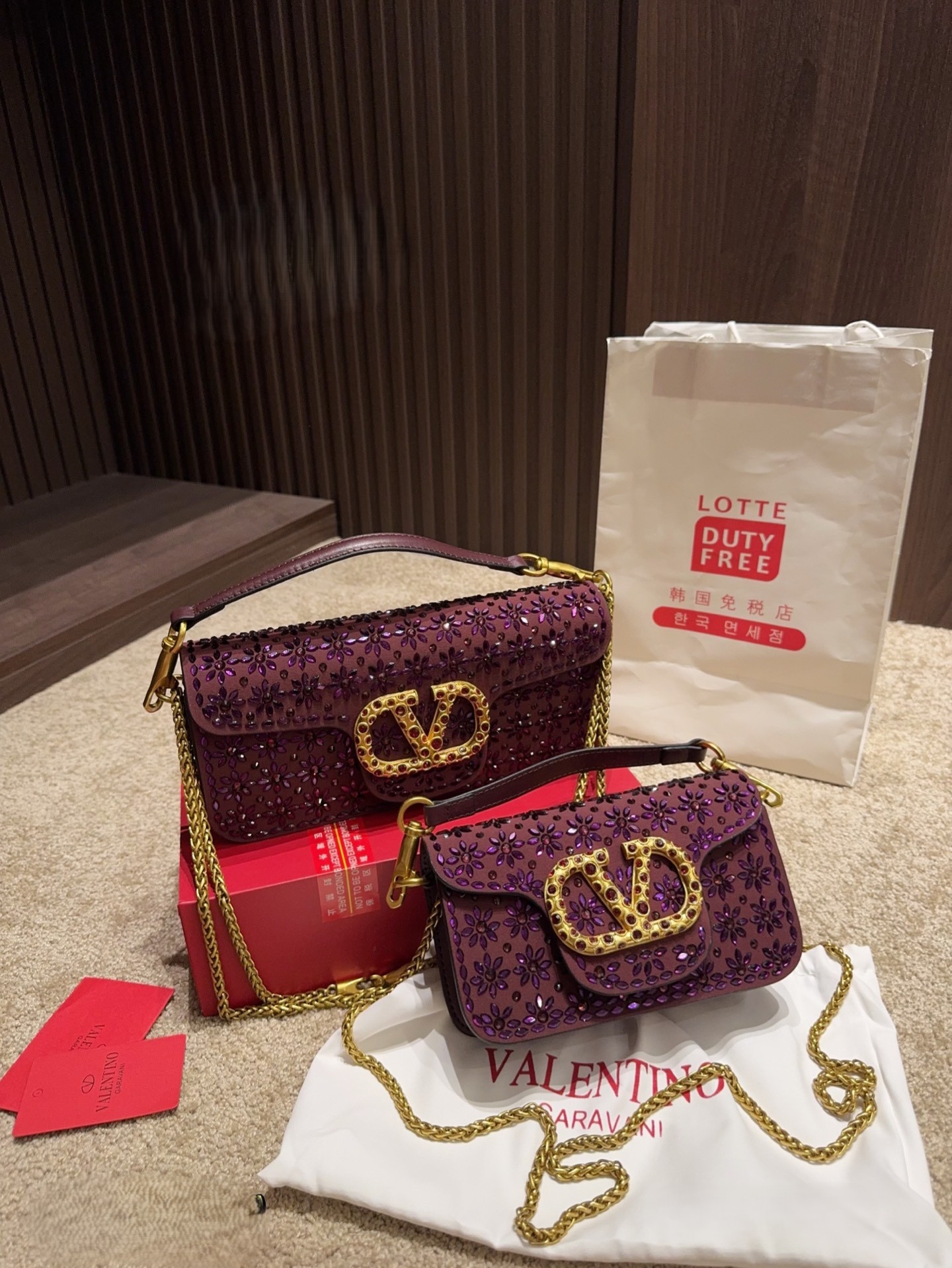 Valentino Garavani Locò Purple Floral Embroidery Sequin Decoration Crystal-Encrusted VLogo Chain Shoulder Bag - KAIROO