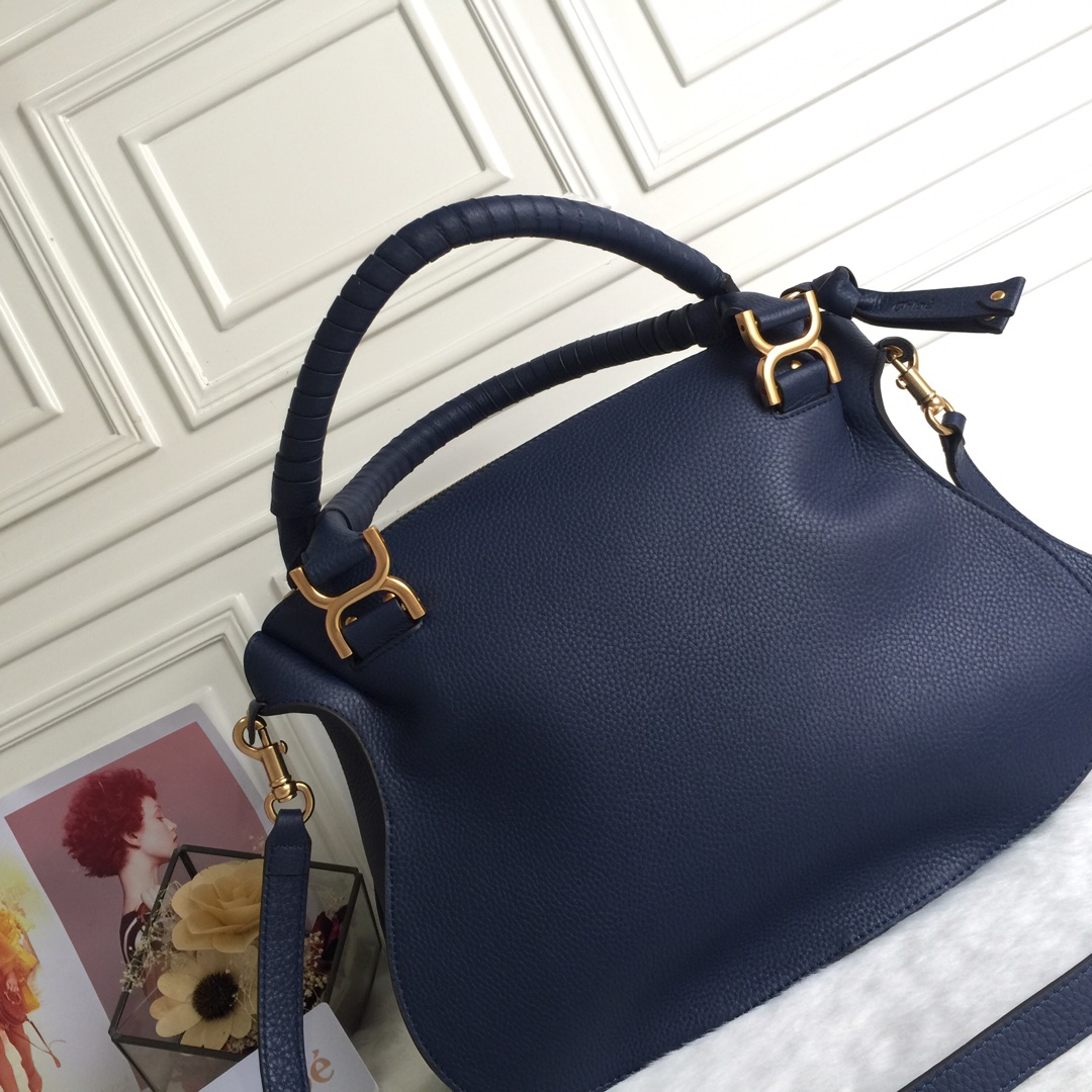 Chloe Large Marcie Bag in Grained Calfskin-Navy Blue