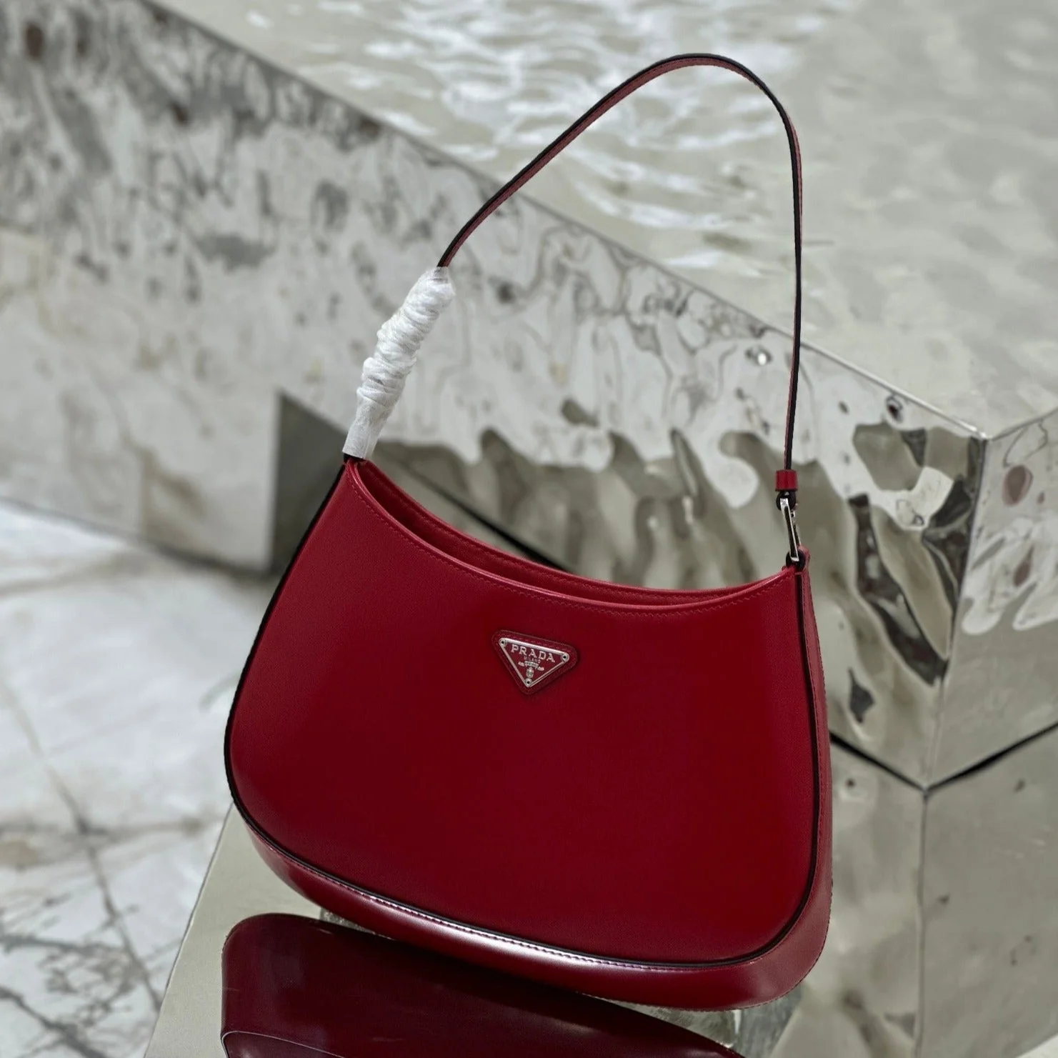 Prada CLEO 27 DARK RED BRUSHED LEATHER SHOULDER BAG