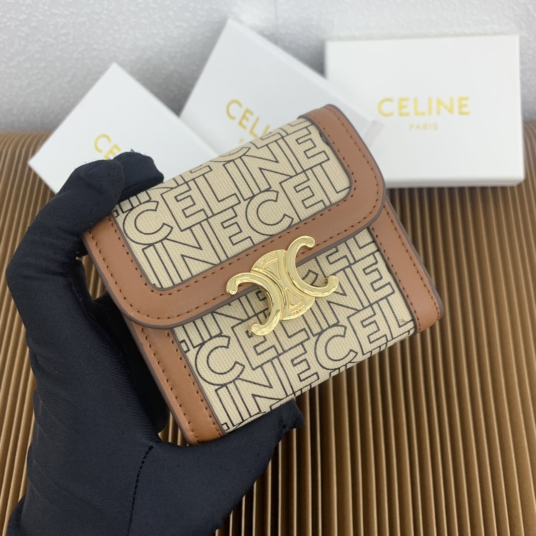 Celine Text Print Canvas Gold Triomphe Hardware Leather Trim Tri-fold Short Wallet - KAIROO