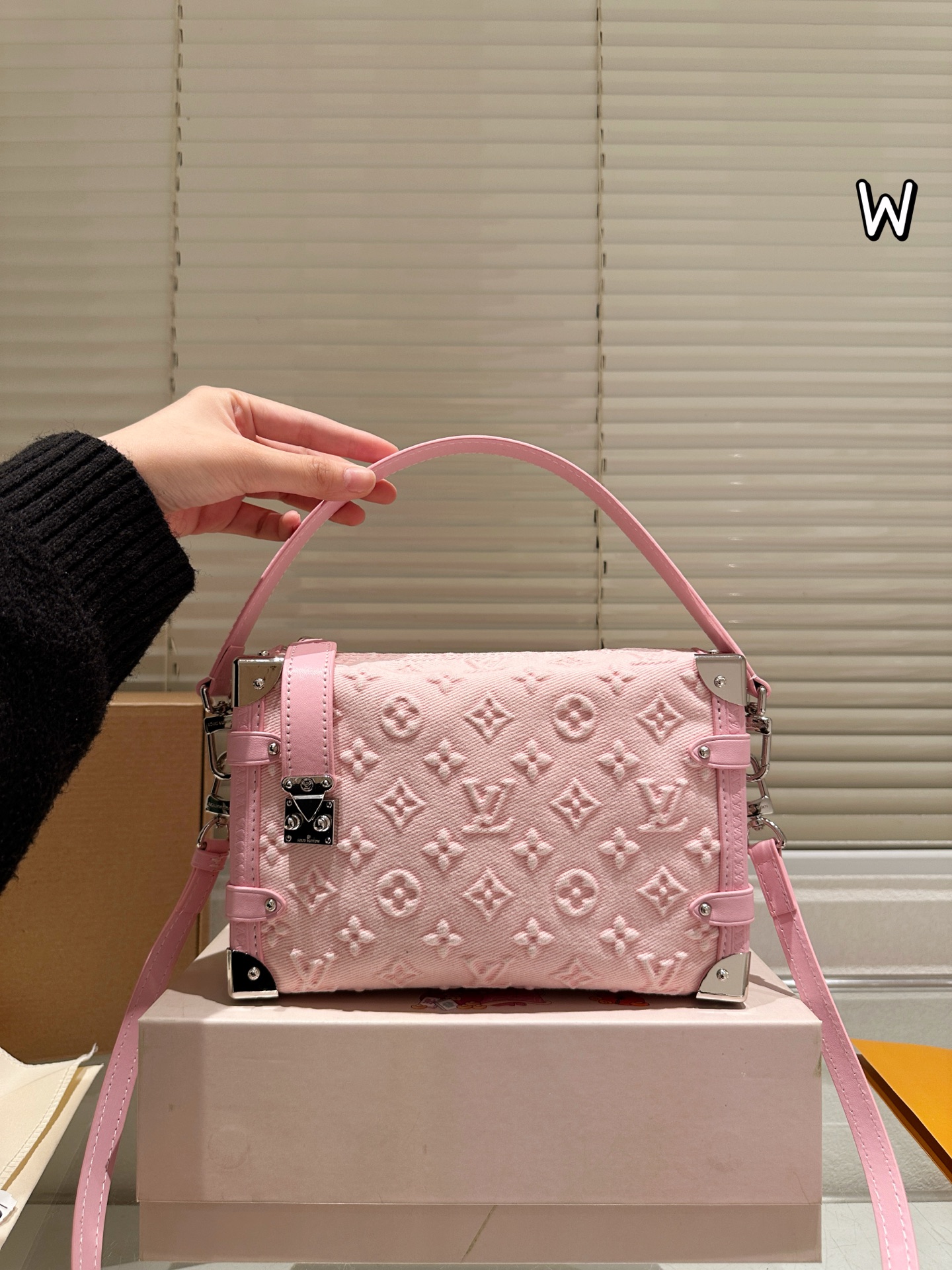 Louis Vuitton LV Side Trunk MM Solid Pink Monogram Embossed Denim S-Lock Soft Shoulder Bag - KAIROO
