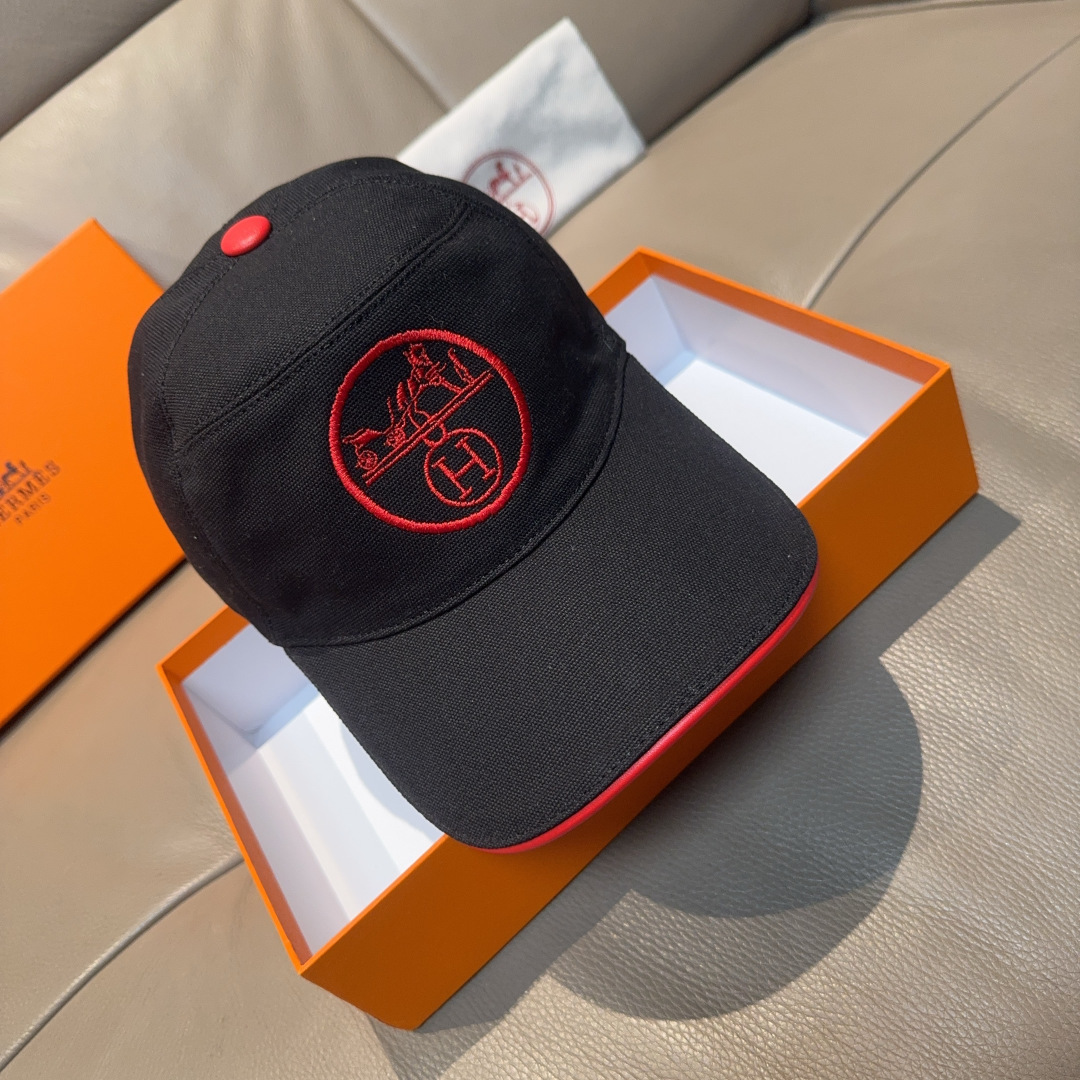Hermès Cotton Baseball Cap Hat With Red Ex-Libris & H Logo Embroidery - KAIROO