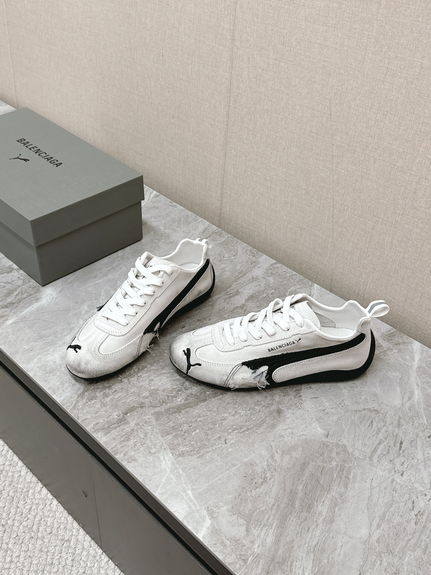Balenciaga x Puma White Worn-Out Broken Logo Leather Suede Speed GAT Sneakers - KAIROO
