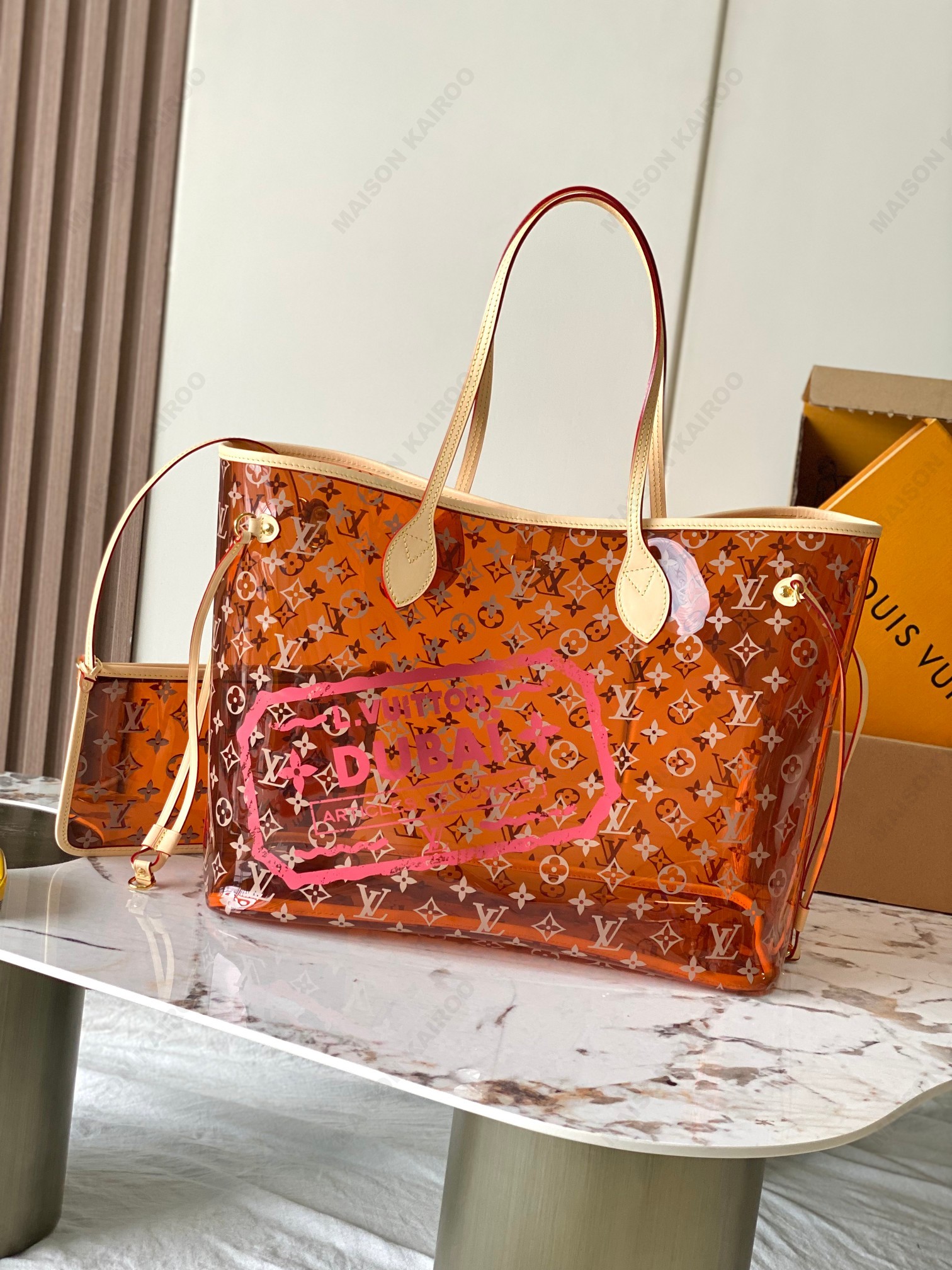 【10A】Louis Vuitton LV Neverfull GM Amber PVC Transparent Clear Dubai Stamp Monogram Pool Tote Bag With Pouch - KAIROO
