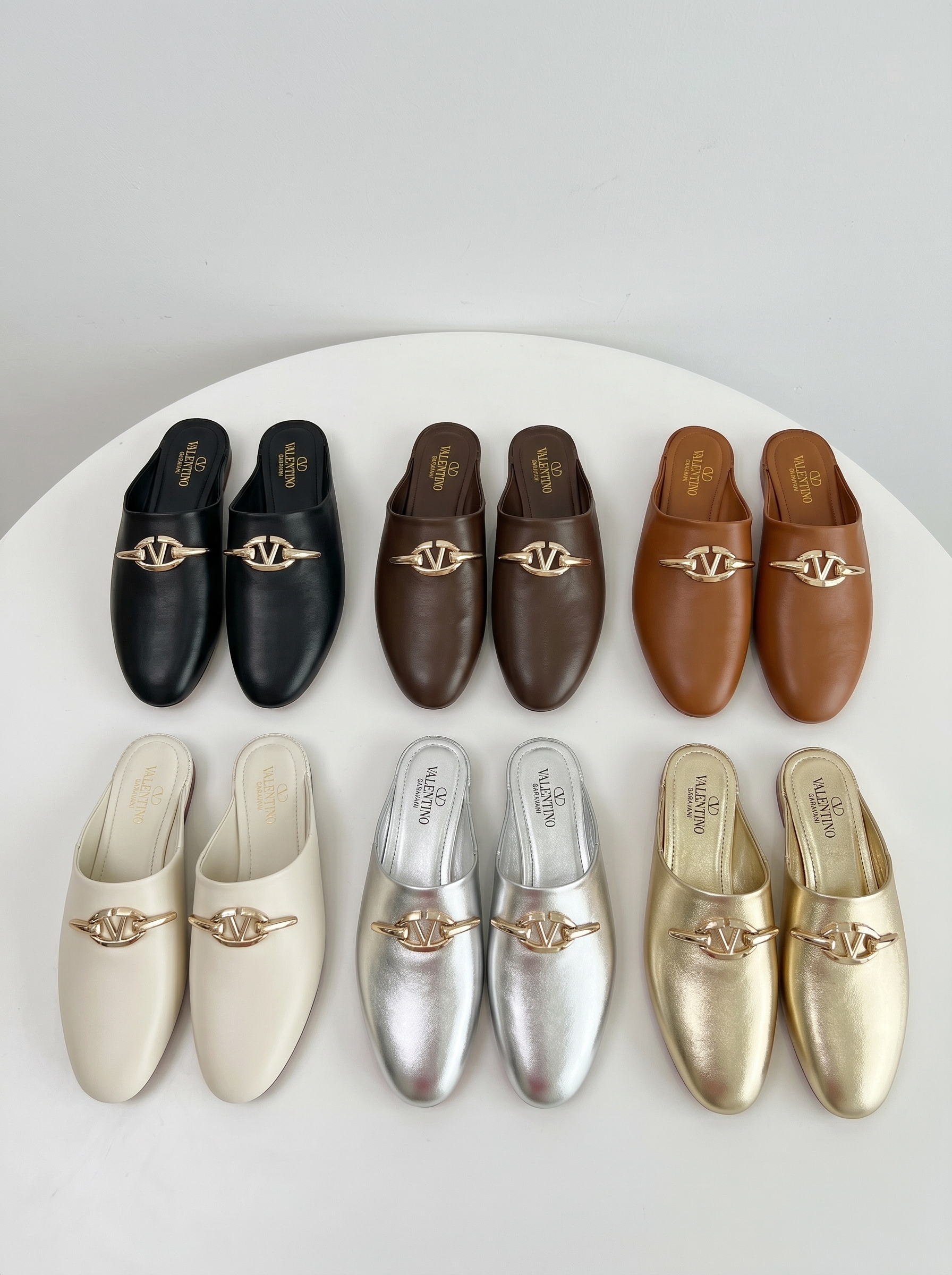 Valentino Garavani Gold VLogo Chain Detail Smooth Leather Pointed Flat Mules Slides - KAIROO