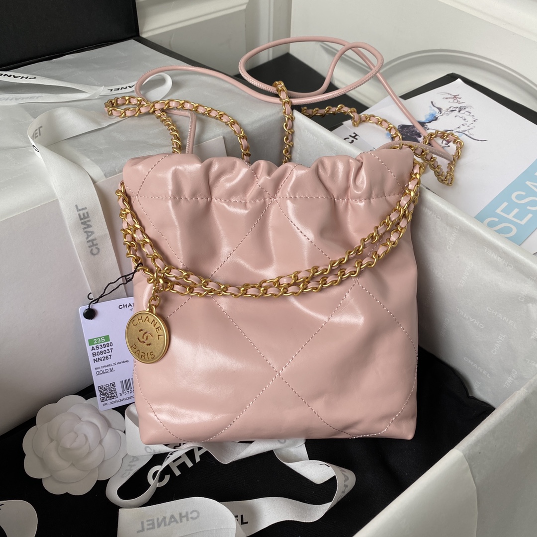 Chanel 22 Mini Handbag in Pink Shiny Calfskin Gold-Tone Metal