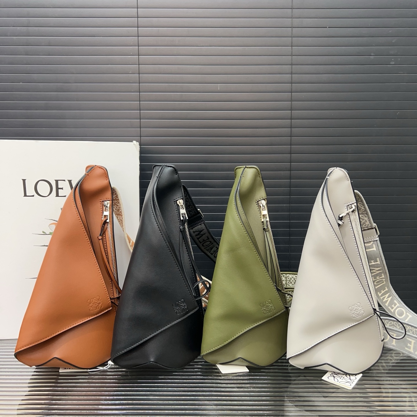 Loewe Anton Sling Triangle Smooth Leather Webbing Strap Foldover Shoulder Chest Crossbody Bag - KAIROO