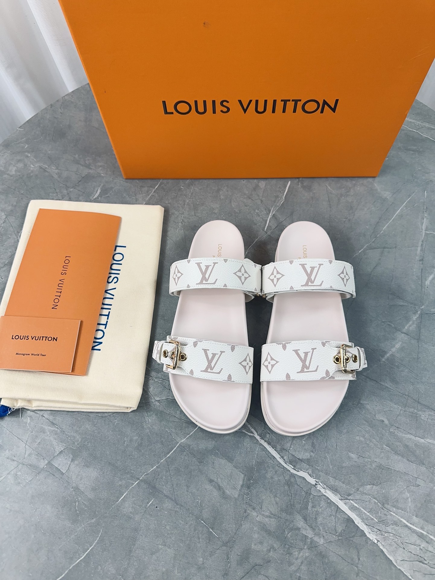 Louis Vuitton Monogram White Beige Canvas Bom Dia Double Strap Buckle Slides Sandals - KAIROO