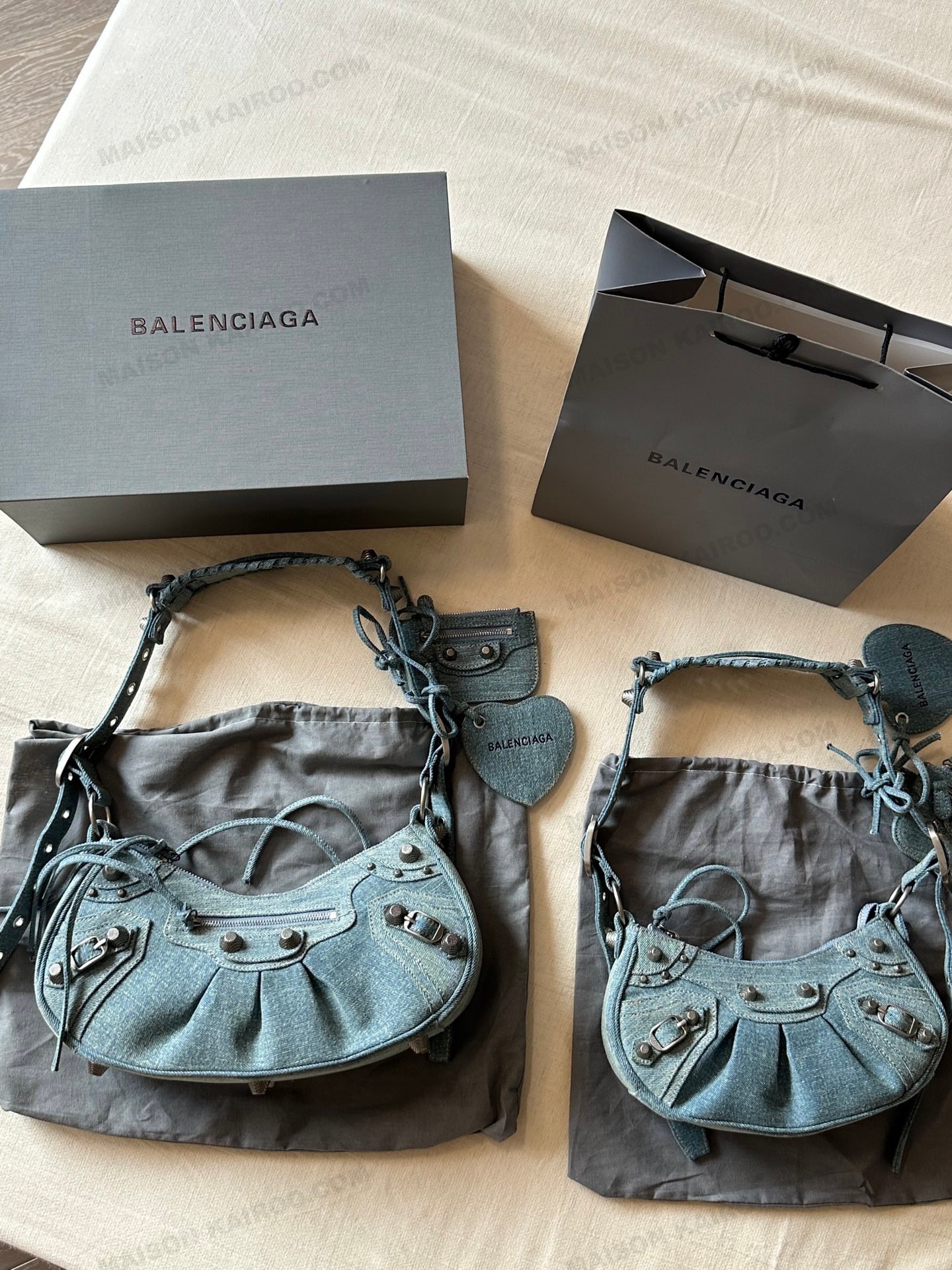 Balenciaga Le Cagole Washed Denim Studded Purse &  Heart Mirror Charm Hobo Shoulder Bag - KAIROO