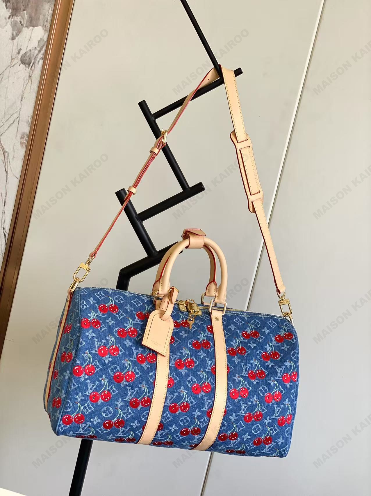 Louis Vuitton LV x TM Keepall Bandouliere 45 Cerises Denim Jacquard Monogram Canvas Travel Bag - KAIROO