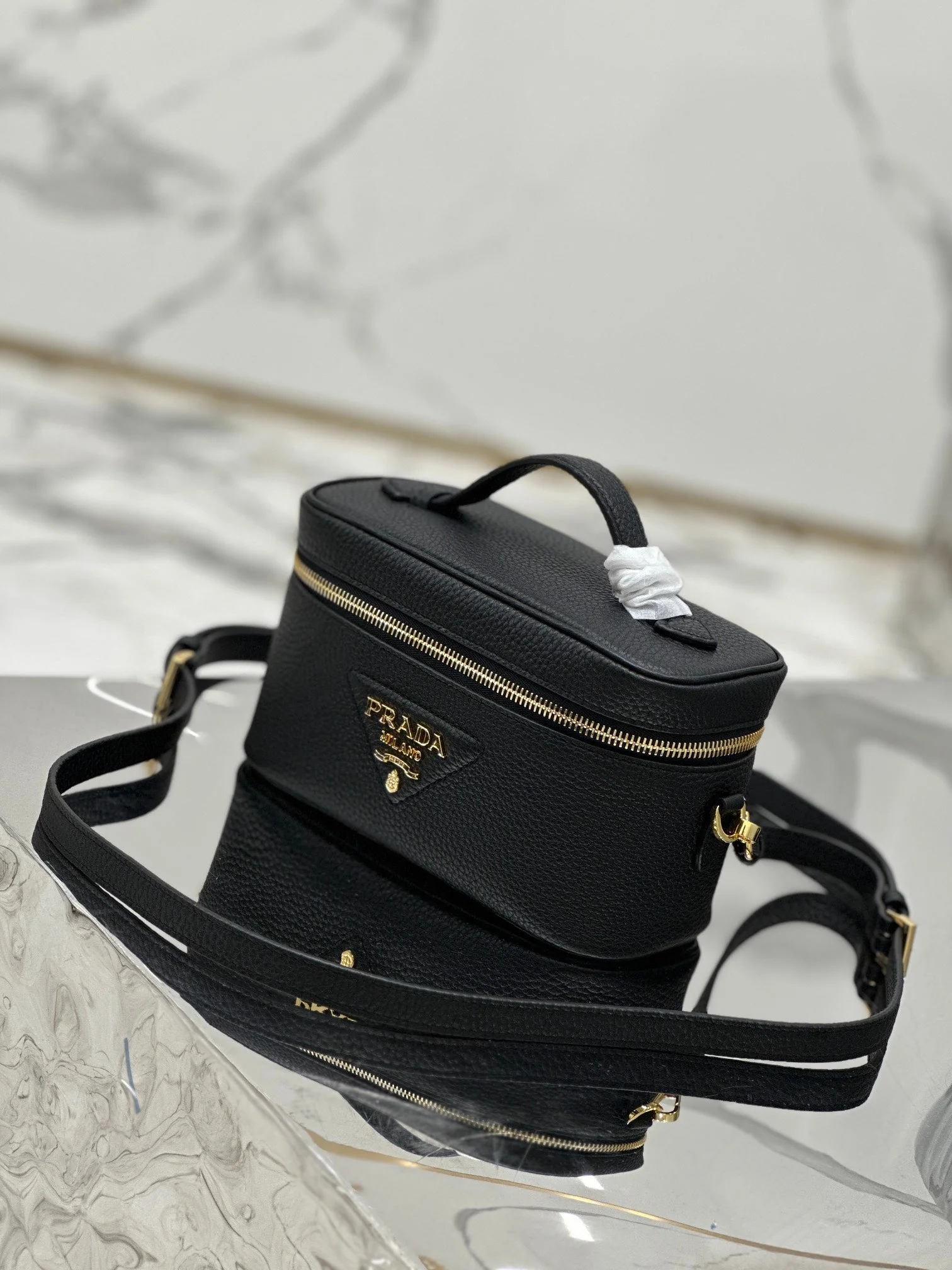 Prada VANITY CASE 18 IN BLACK GRAINED CALFSKIN GOLD HARDWARE