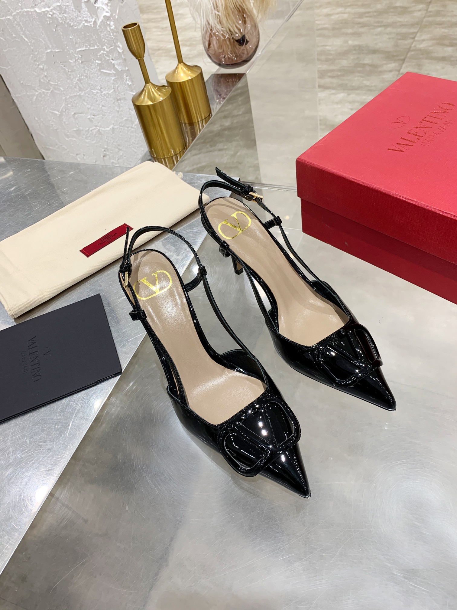 Valentino Garavani Black Pointed Toe Tonal VLogo Patent Leather Slingback Heels - KAIROO