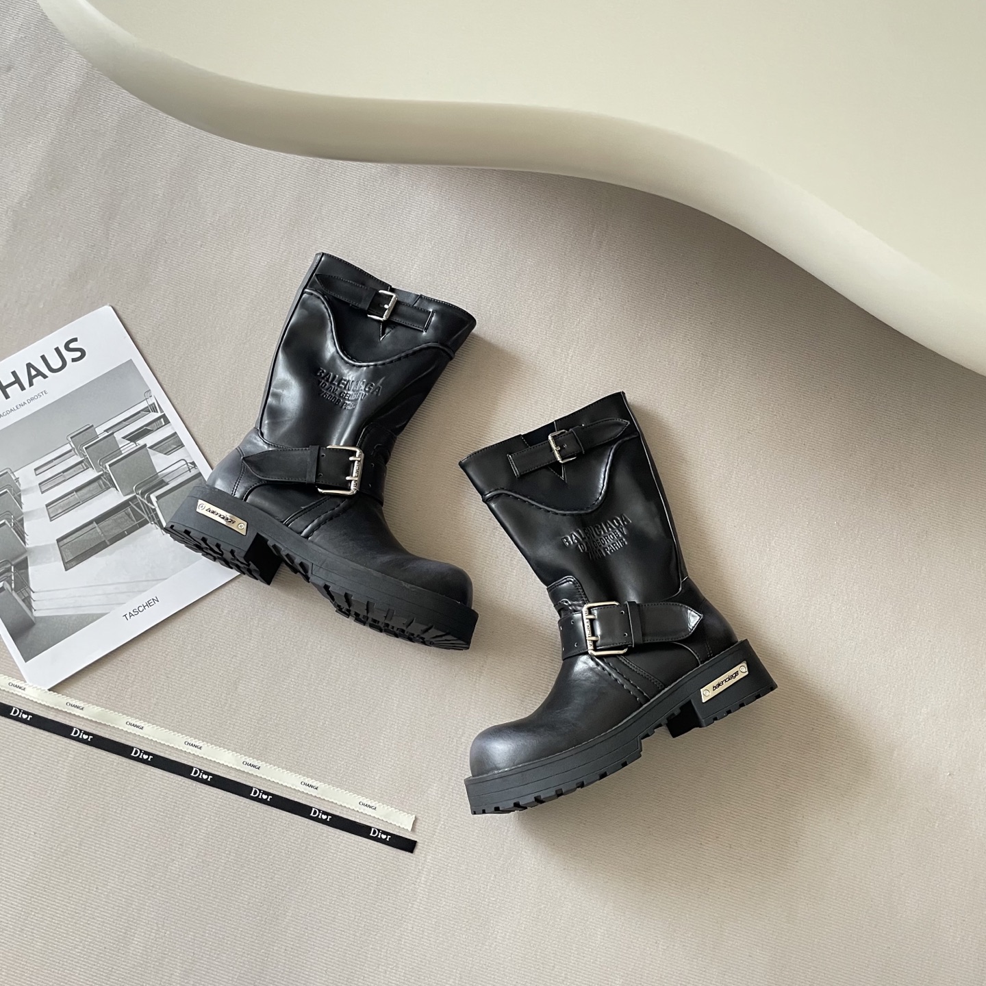 Balenciaga Strike Black Leather Multi-Buckle Strap Embossed Logo Mid-Calf Combat Boots - KAIROO