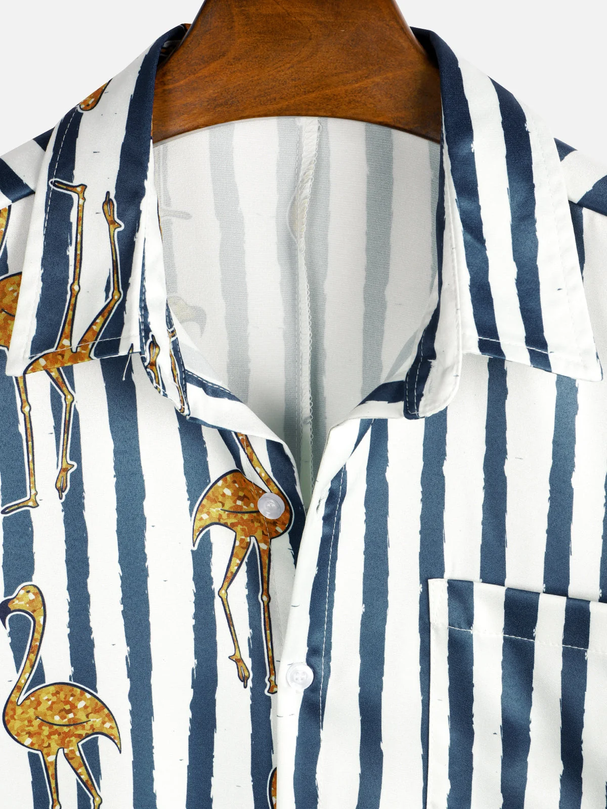 Men's Navy Tropical Flamingo Stripe Pocket Hawaiian Short Sleeve Shirt