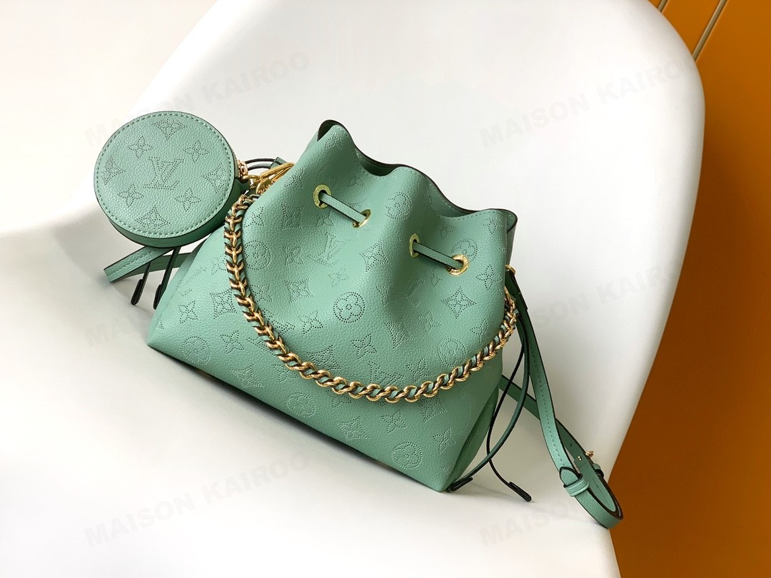 【10A】Louis Vuitton LV Mahina Bella Turquoise Perforated Monogram Leather Drawstring Bucket Shoulder Bag - KAIROO