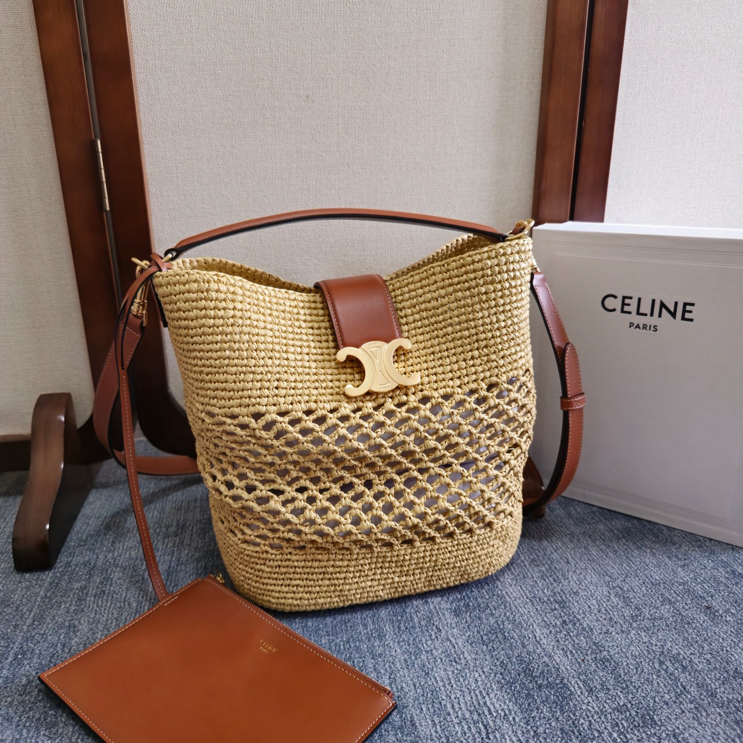 Celine Louise Medium Bucket Bag in Natural Raffia