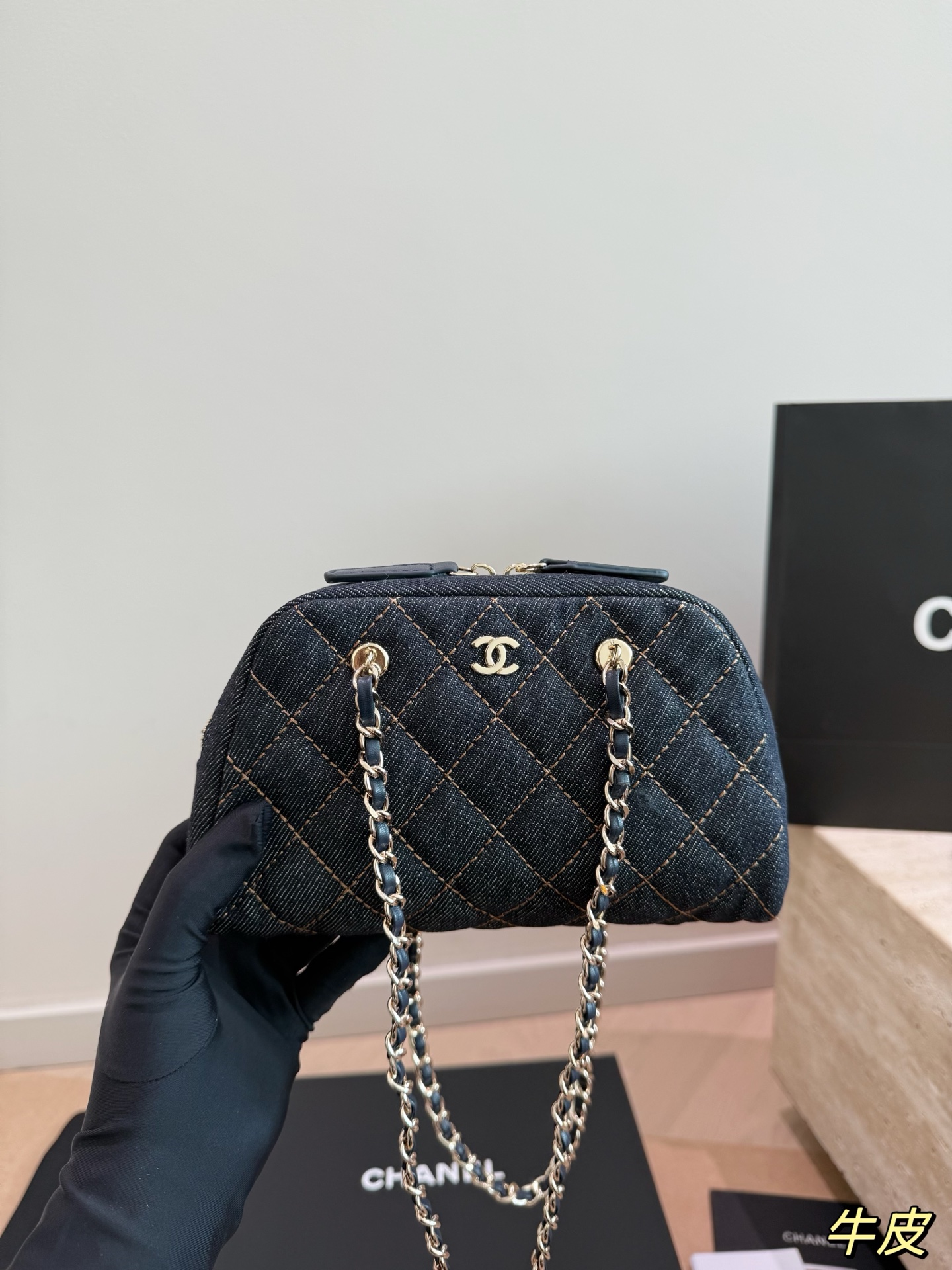 Chanel 26P Mini Blue Denim Quilted CC Charm Bowling Barrel Shell Dome Shoulder Bag - KAIROO