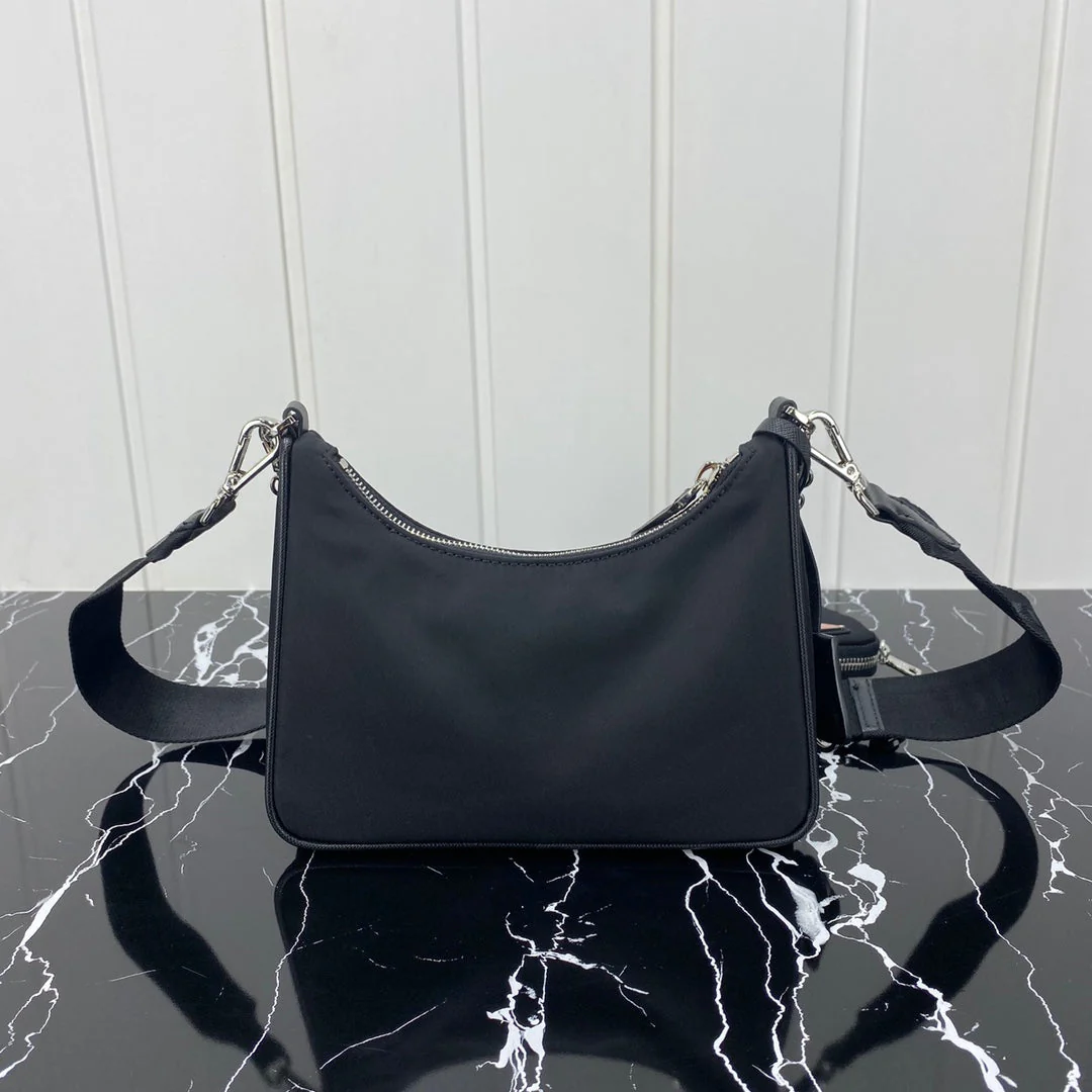 Prada HOBO 22 BAG IN BLACK RE-NYLON WITH RED LOGO