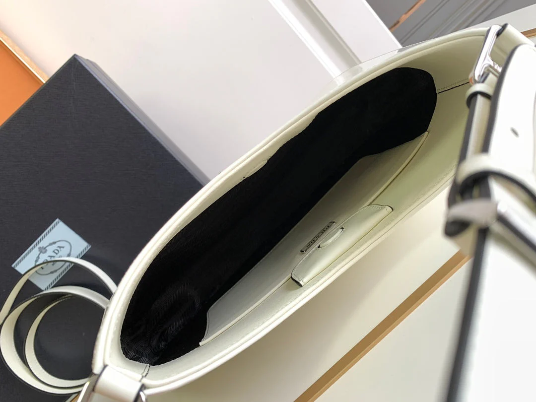 Prada CLEO 30 WHITE BLACK BRUSHED LEATHER SHOULDER BAG