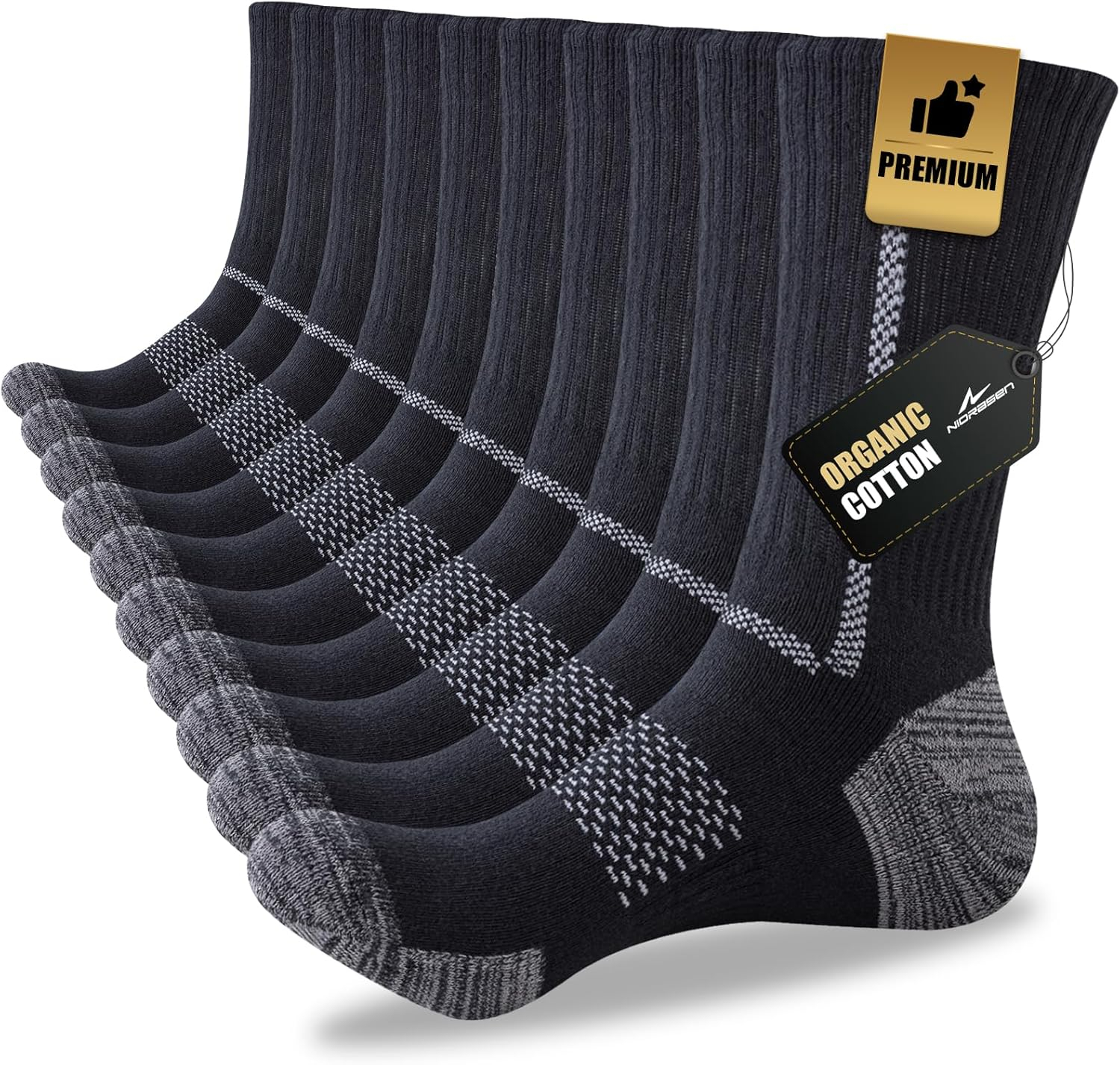 Niorasen Men's Cotton Crew Work Socks, 5 Pairs Cushioned Boot Moisture Athletic Socks for Hiking Sports Running