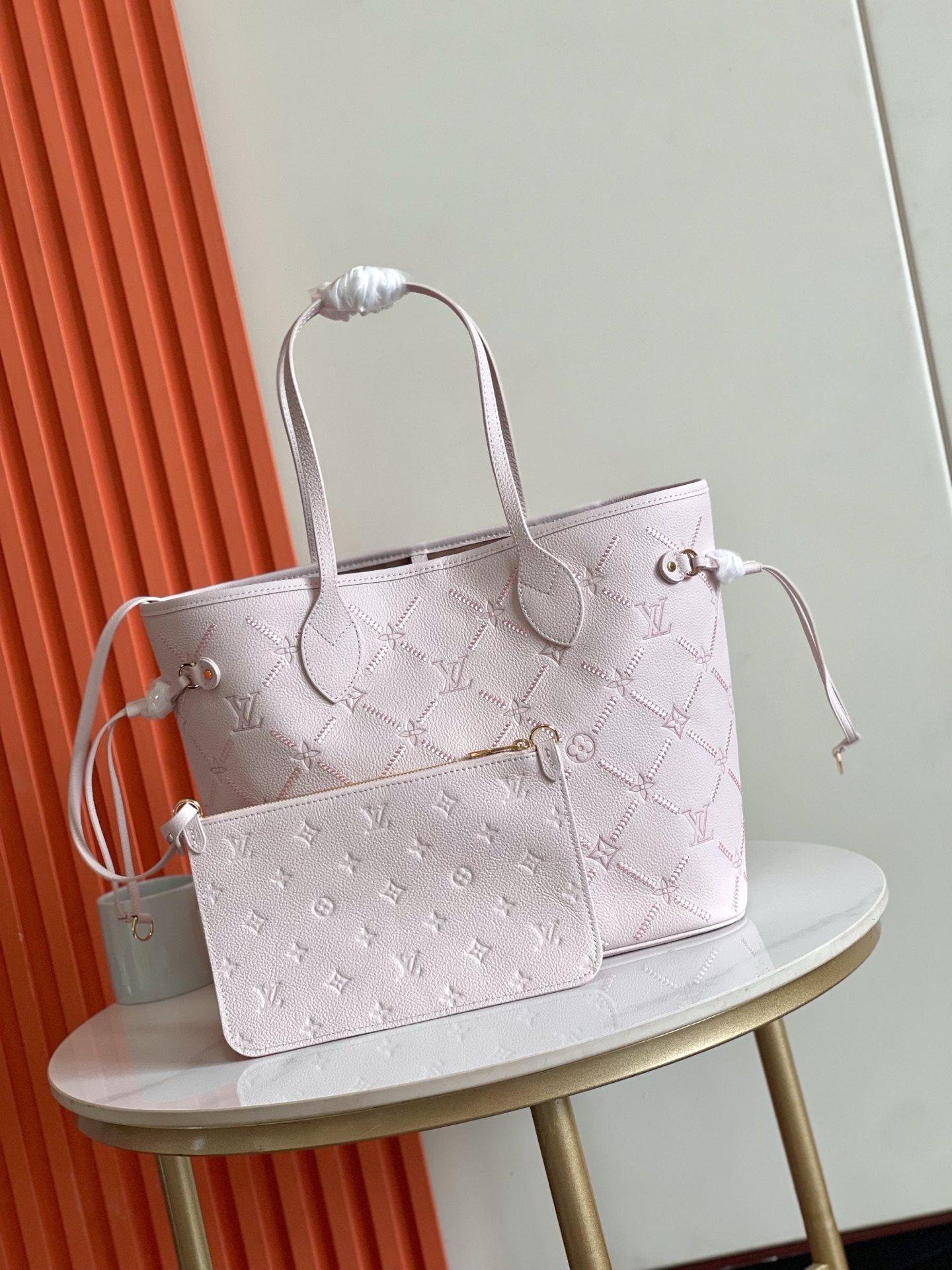 Louis Vuitton LV Neverfull MM Pastel Light Pink Monogram Stitched Grid Empreinte Leather Tote Bag With Pouch - KAIROO