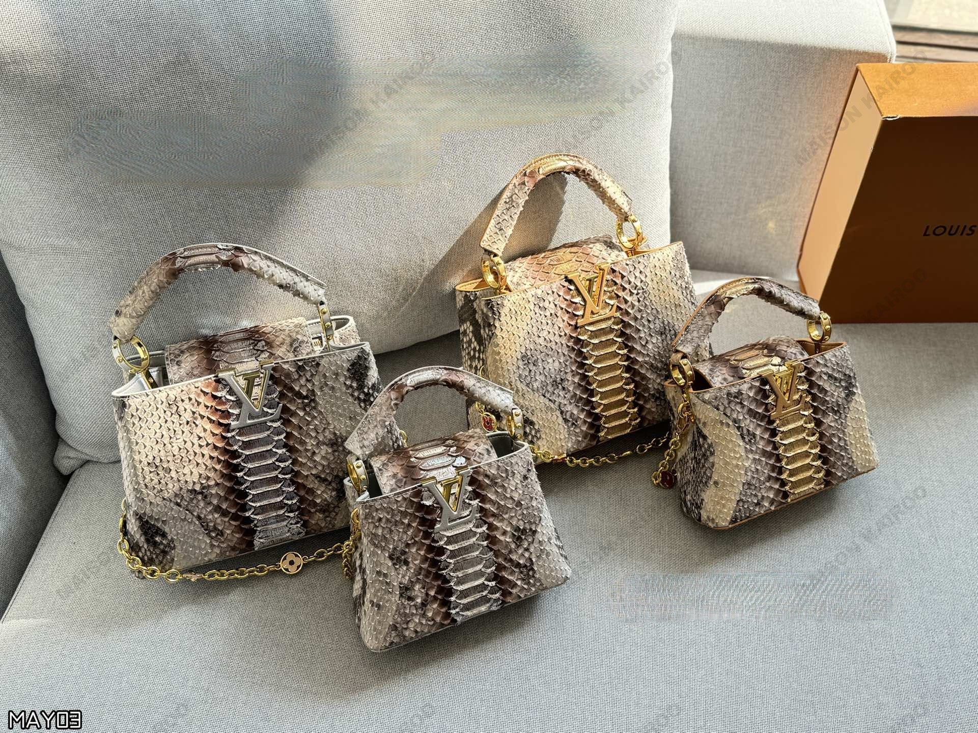 Louis Vuitton LV Capucines BB/Mini Metallic Python Exotic Pattern Leather Jeweled Chain Top Handle Bag - KAIROO