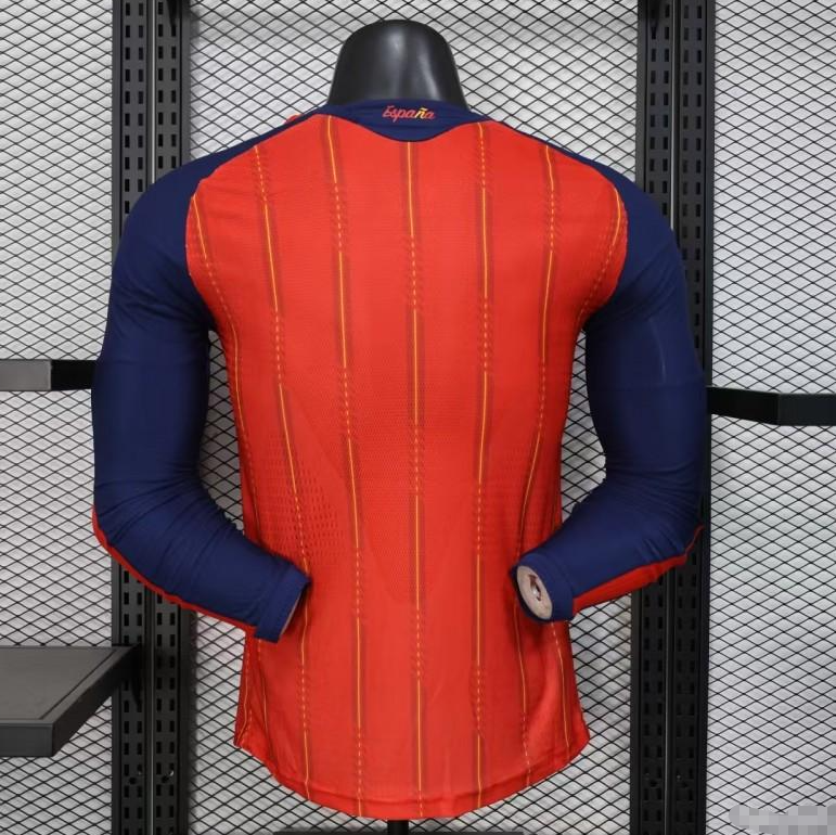 Player Version 2026 Spain Home Long Sleeve Red with Vertical Stripe Pattern Jersey S-3XL
