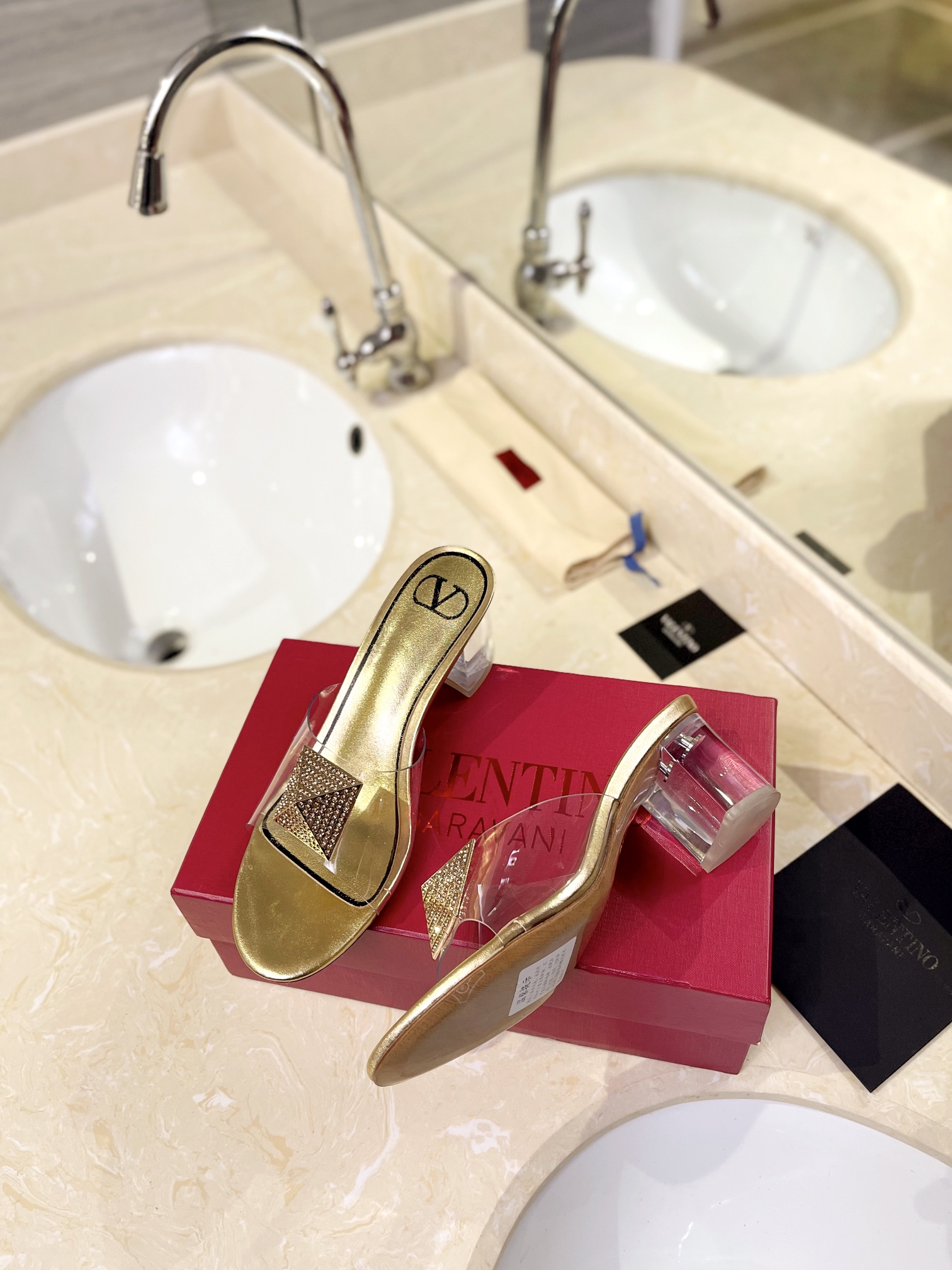 Valentino Rockstud Spike Gold Leather Square Crystal Stud Clear PVC Strap Block Slip-on Mules Heels - KAIROO