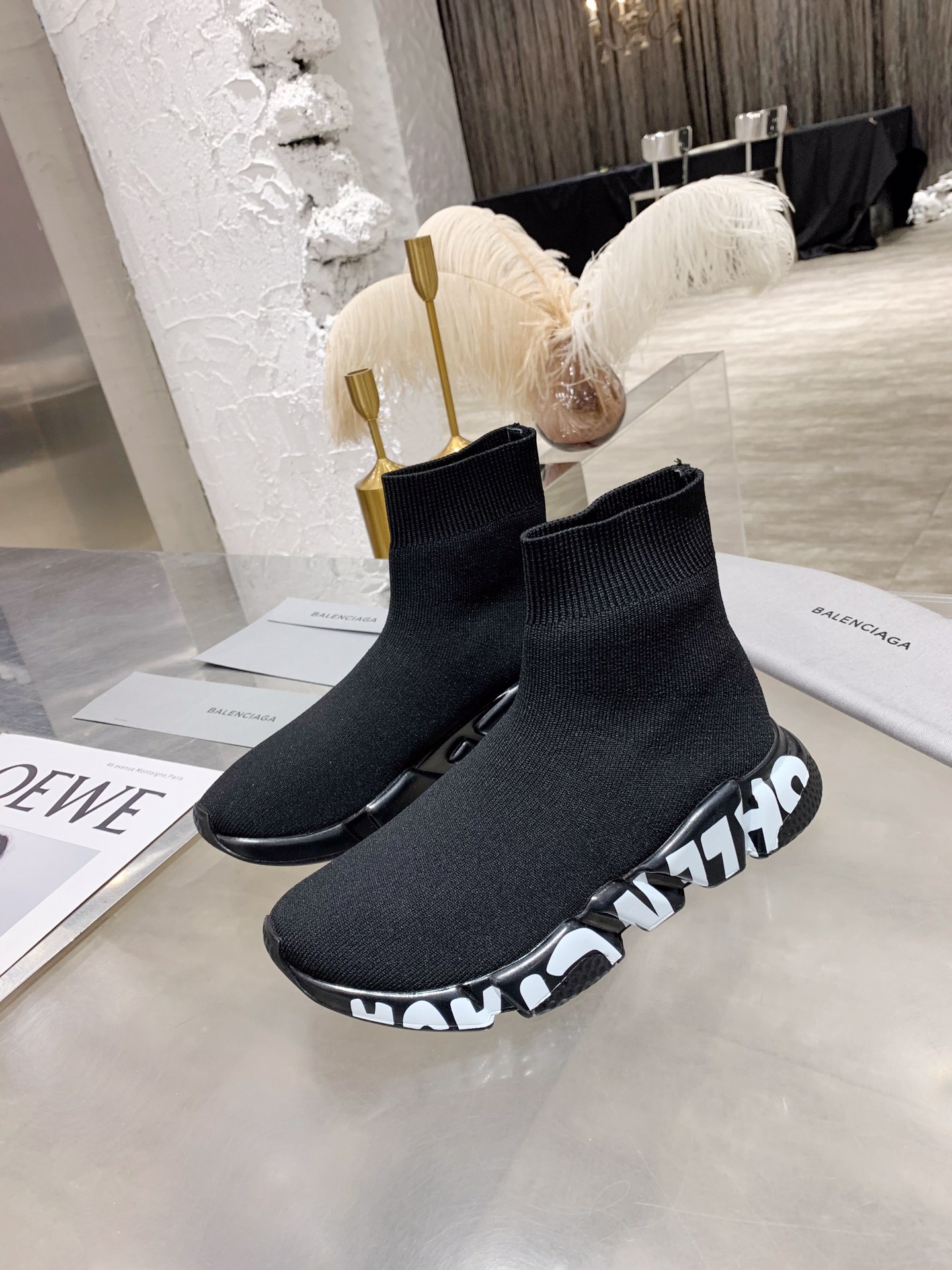 Balenciaga Speed Black Sock Knit Graffiti Logo Wave Sole Slip On Booties Sneakers - KAIROO