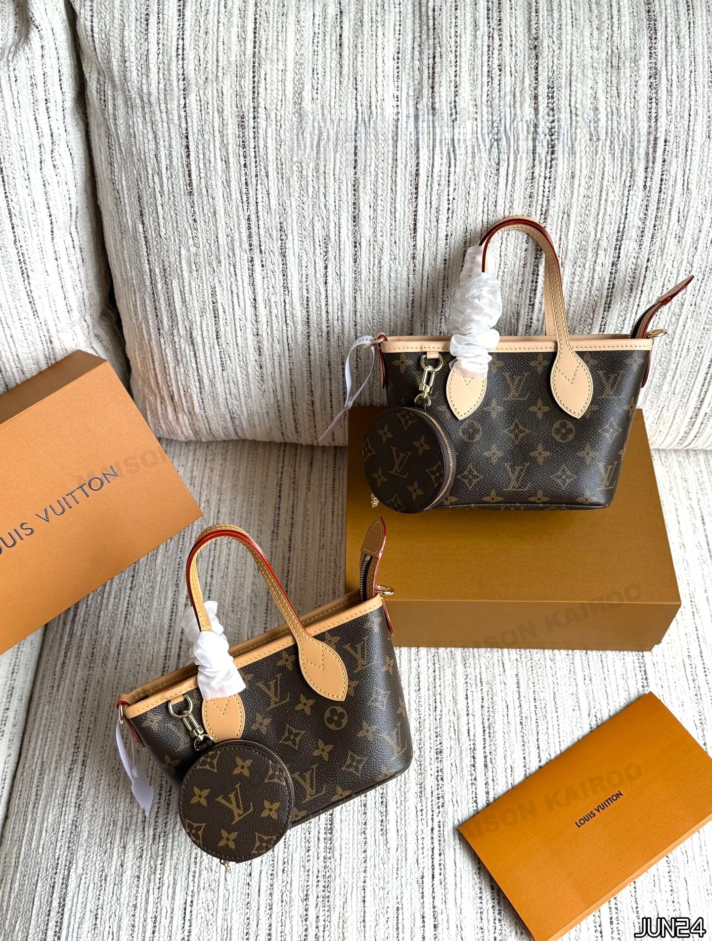 Louis Vuitton LV Neverfull BB Monogram Canvas Vachetta Trim Shoulder Mini Tote Bag With Round Purse - KAIROO