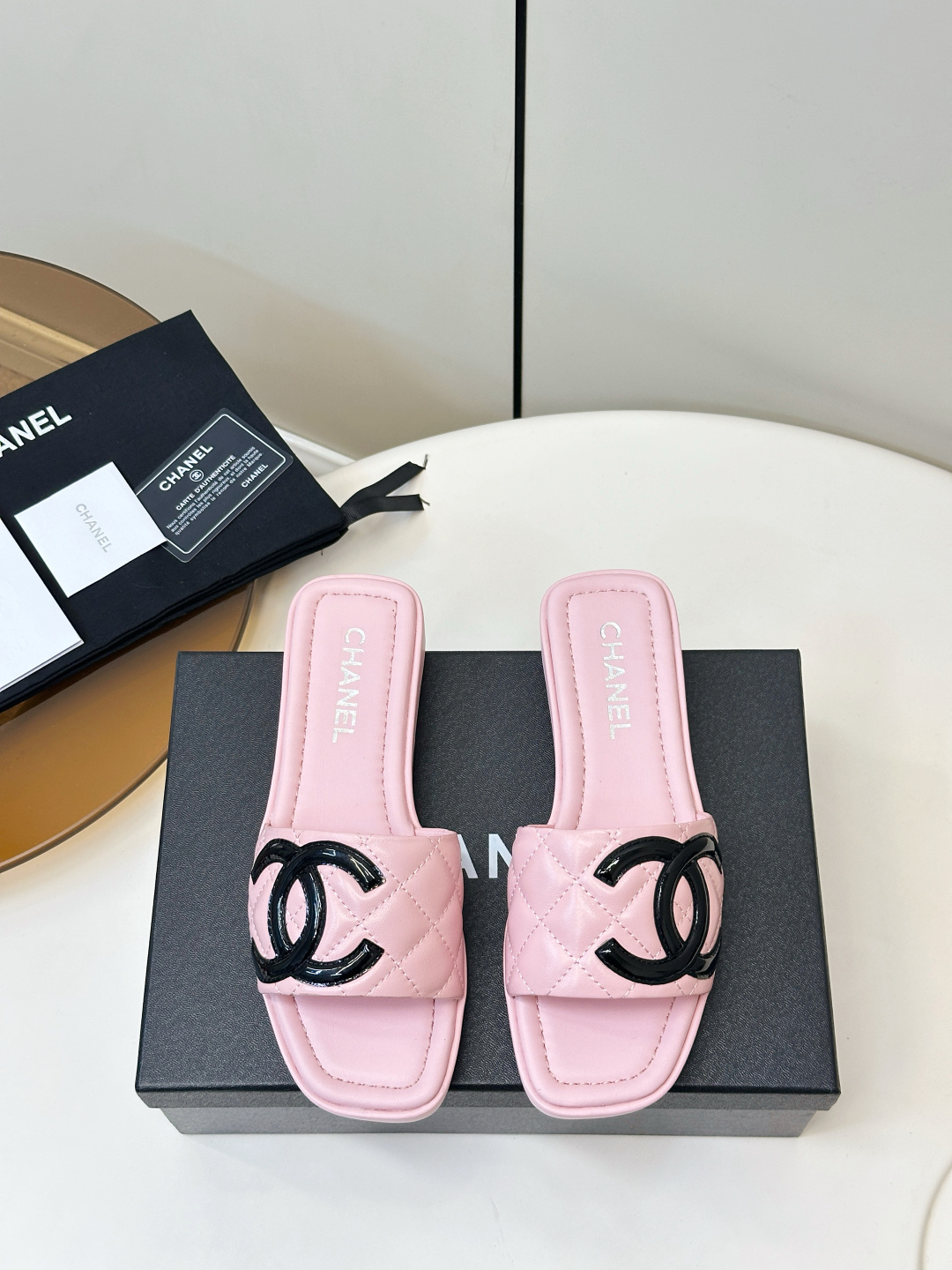 Chanel Quilted Lambskin Leather Large CC Logo Red Sole Square-Toe Platform Slides - KAIROO