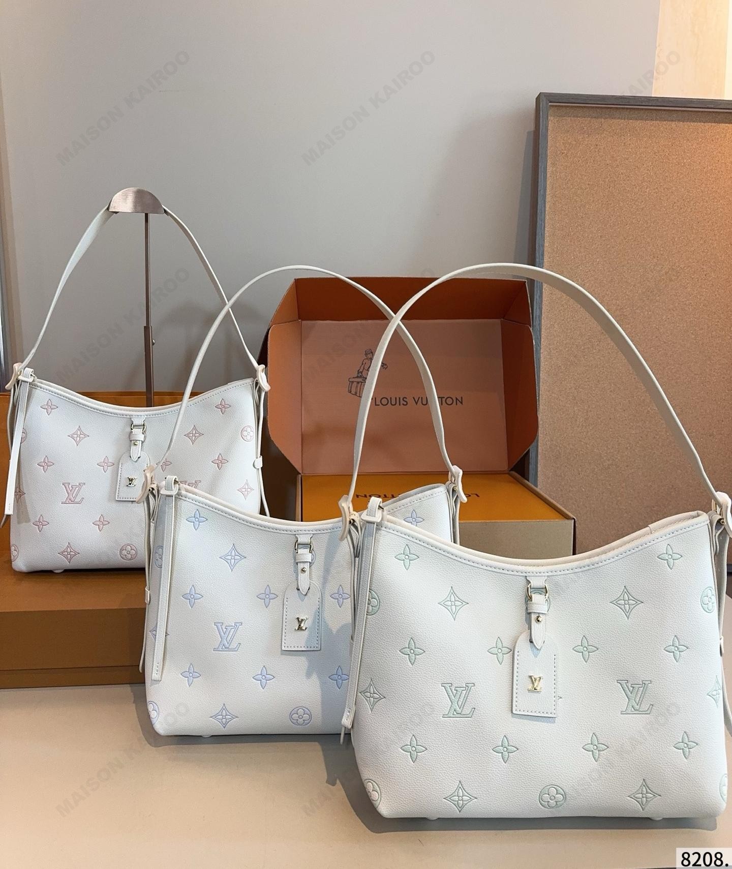 Louis Vuitton LV Carryall PM Cream Pastel Bicolour Dense Monogram Empreinte Leather Hobo Tote Top Handle Bags - KAIROO