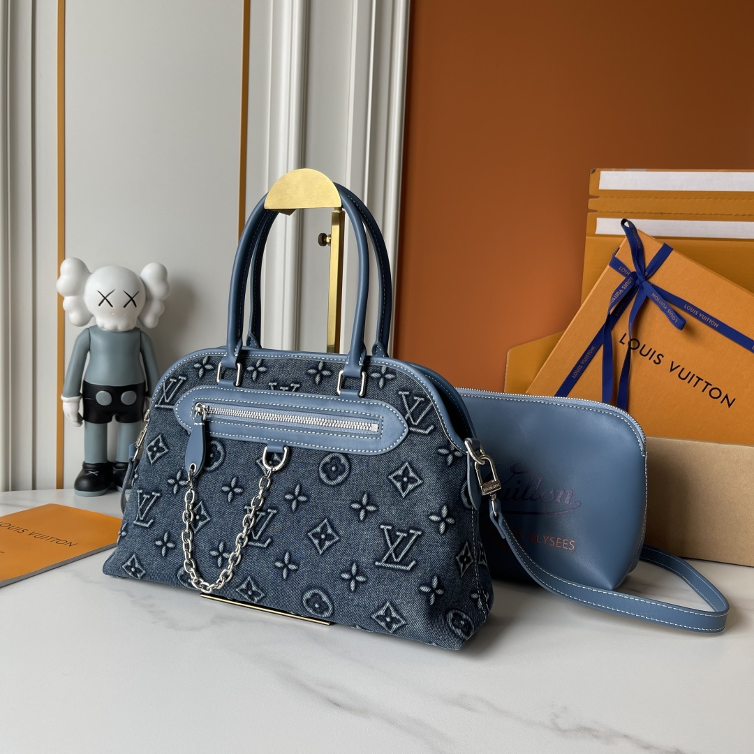 Louis Vuitton LV PM Montorgueil Ever More Embossed Monogram Blue Denim Dome Top Handle Bag With Pouch - KAIROO