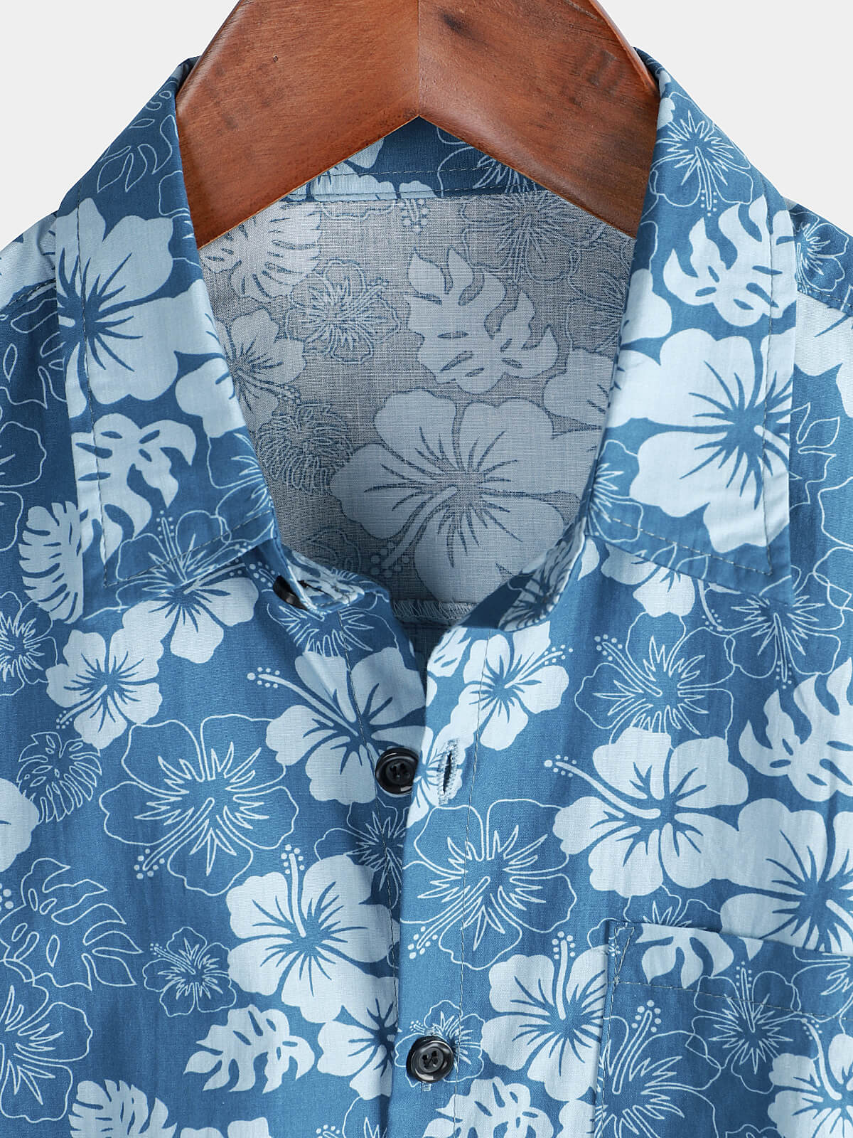 Men's Blue Hawaiian Floral Vacation Casual Pocket Button-Up Short Sleeve Shirt