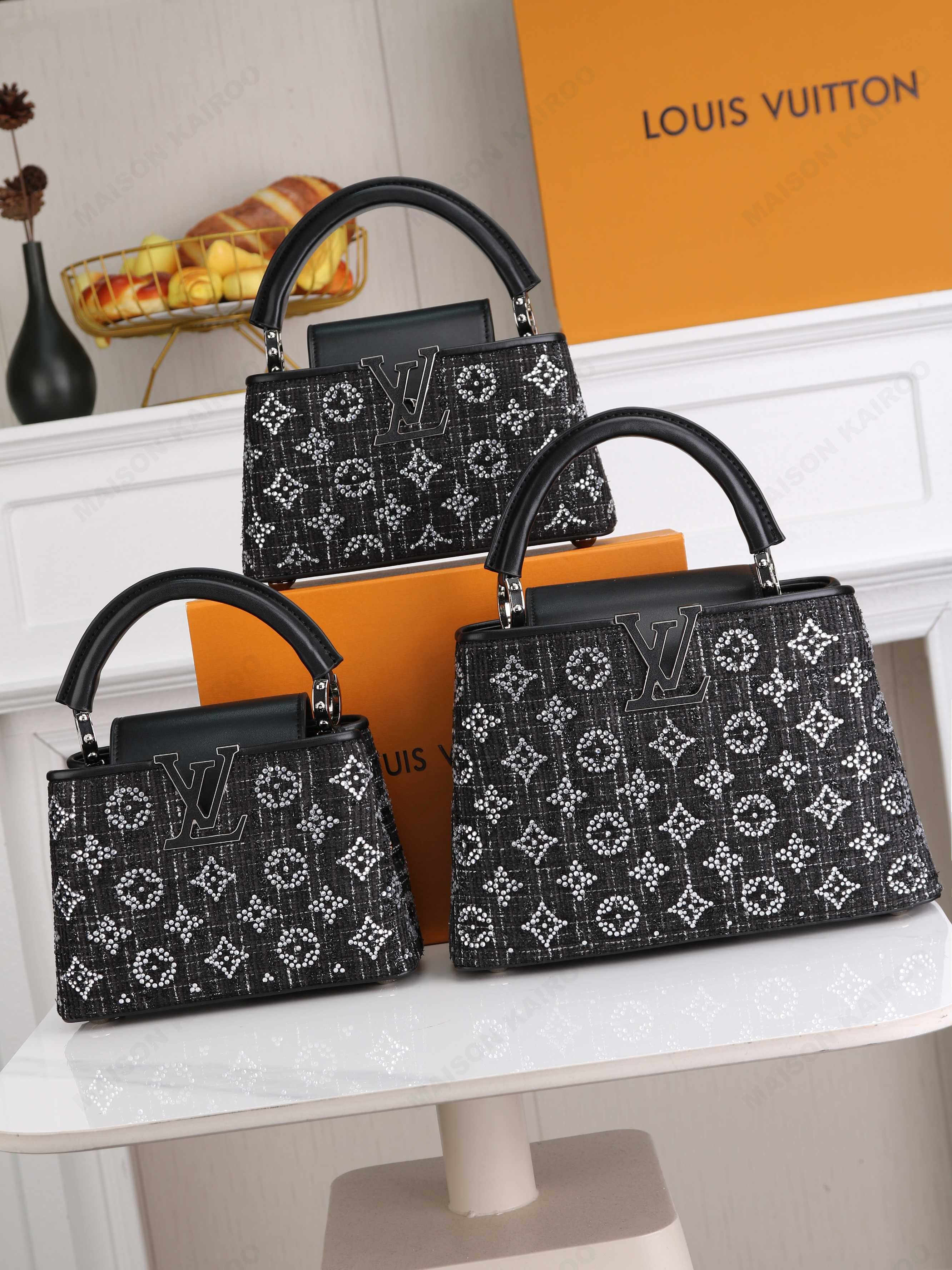 Louis Vuitton LV Capucines BB/Mini/East West Black Tweed Logo Crystal Monogram Leather Top Handle Bag - KAIROO