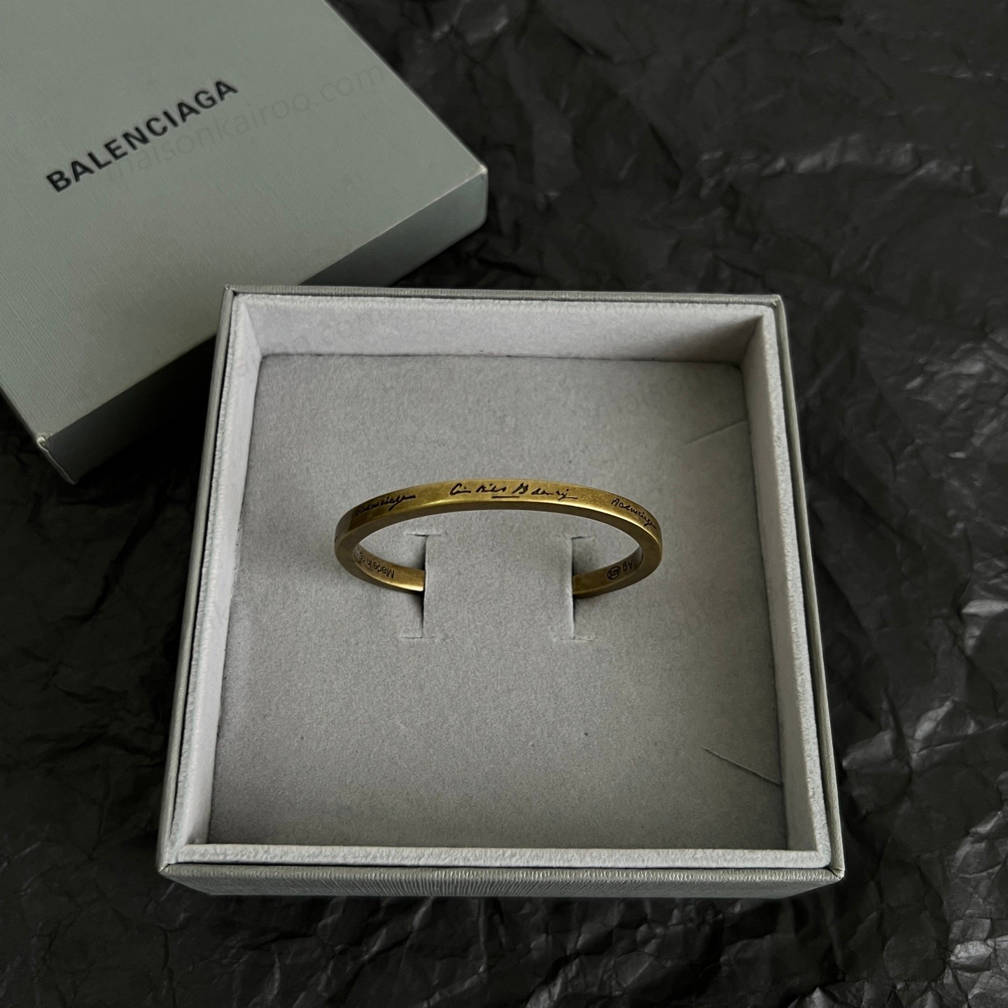 Balenciaga Antique Brass Logo Engraved 24/7 Open Cuff Bracelet - KAIROO