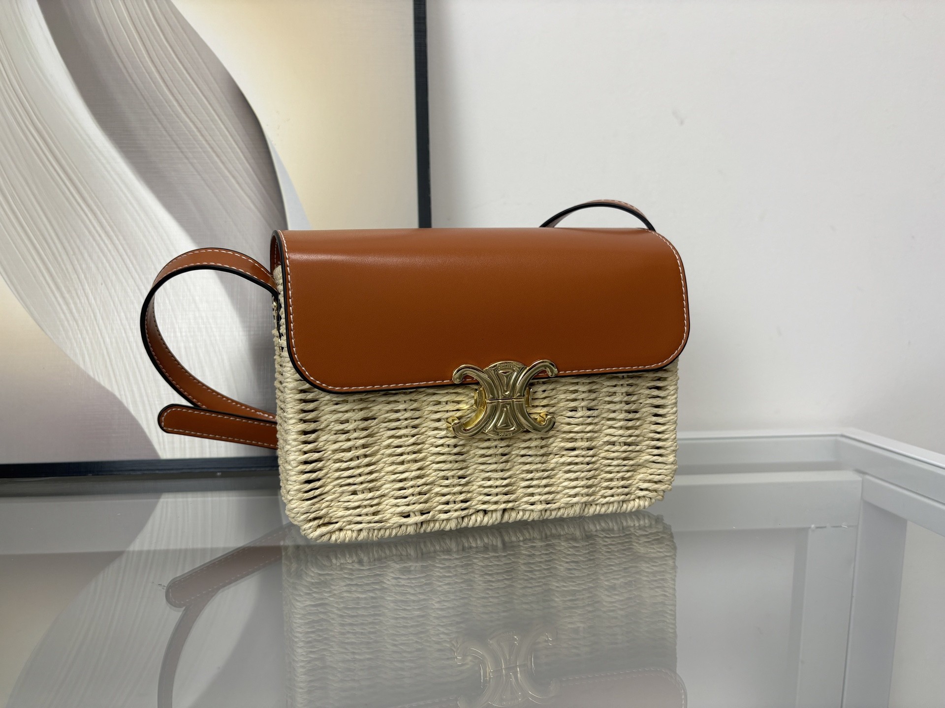 Celine Wicker Rattan Tan Leather Flap Gold Tone Triomphe Hardware Crossbody Box Bag - KAIROO