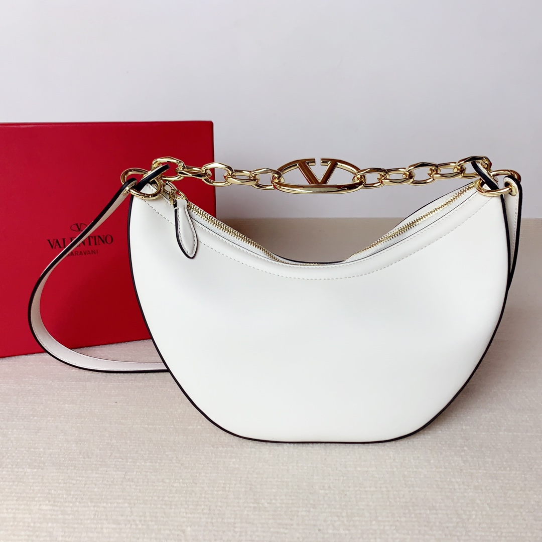 Valentino Small Vlogo Moon Hobo in Smooth Calfskin-White