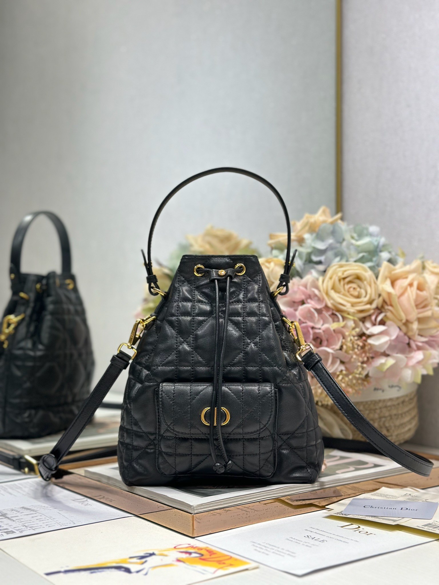 Dior Caro Small Bucket Bag in Black Cannage Calfskin