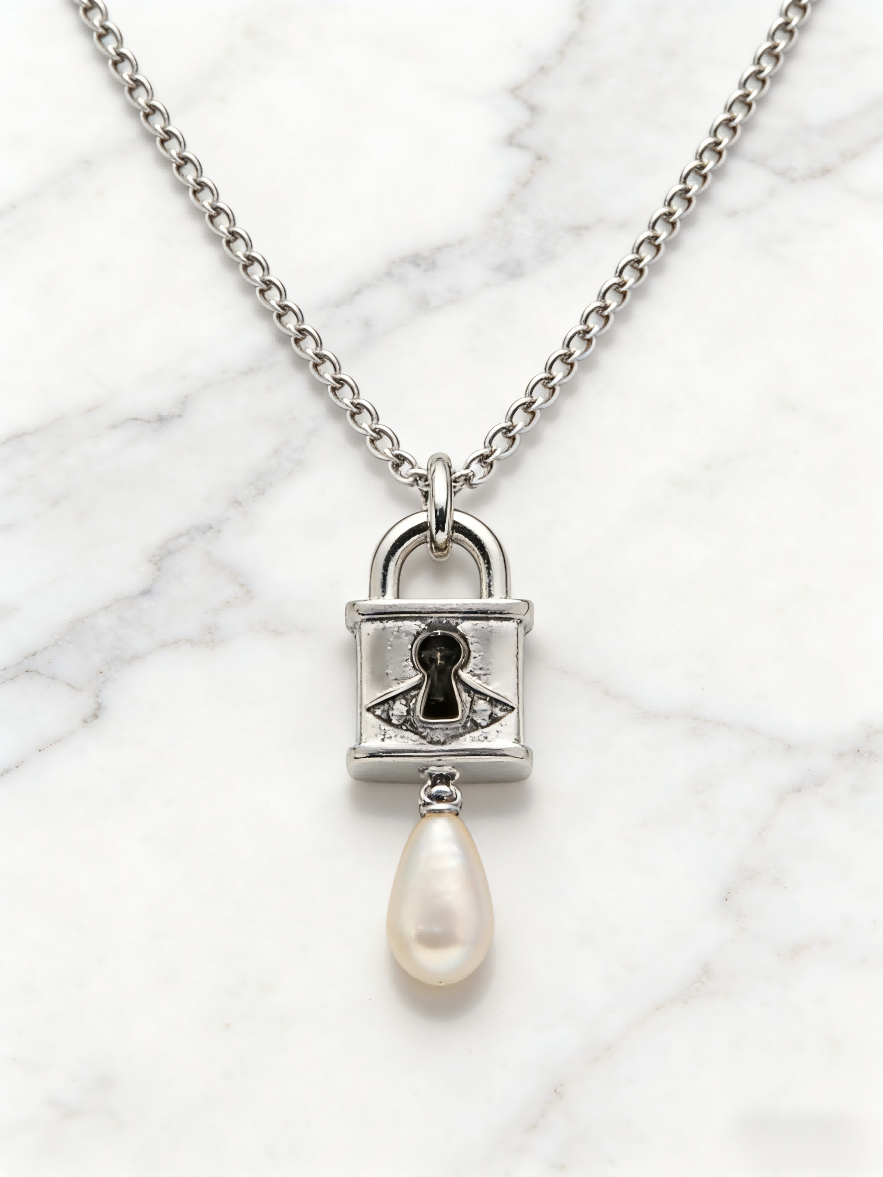 Elegant Silver Lock Pendant Necklace with Pearl Drop – Dainty Jewelry Gift for Her