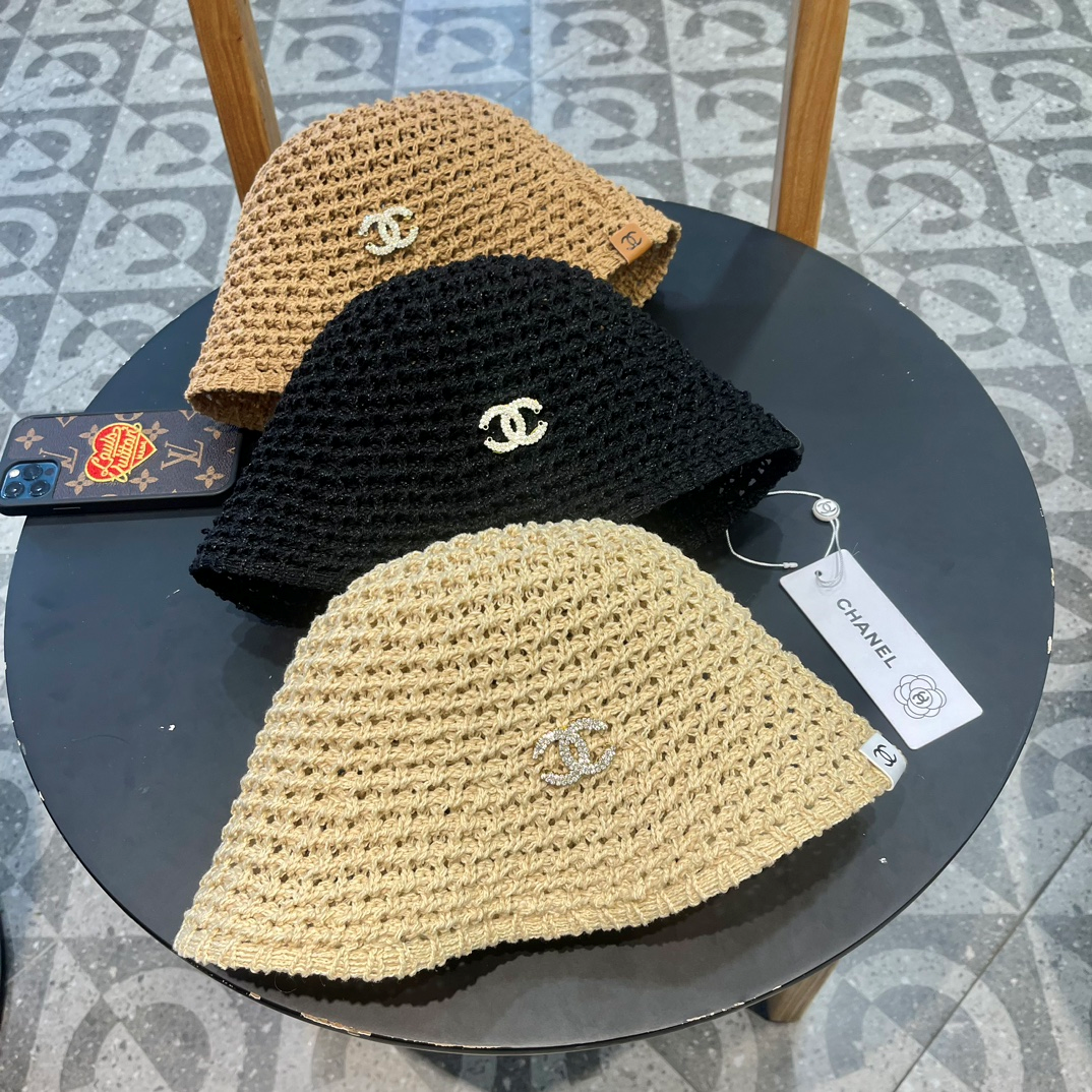 Chanel Crystal CC Logo Hollow Crochet Knit Bucket Hat - KAIROO