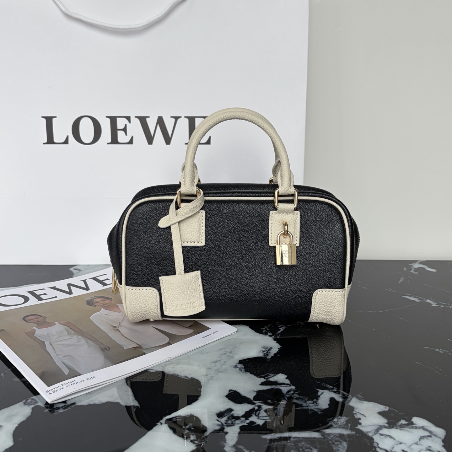 Loewe Amazona 23/28 Panda Calfskin Leather Anagram Padlock Bowling Duffle Boston Handle Bag - KAIROO