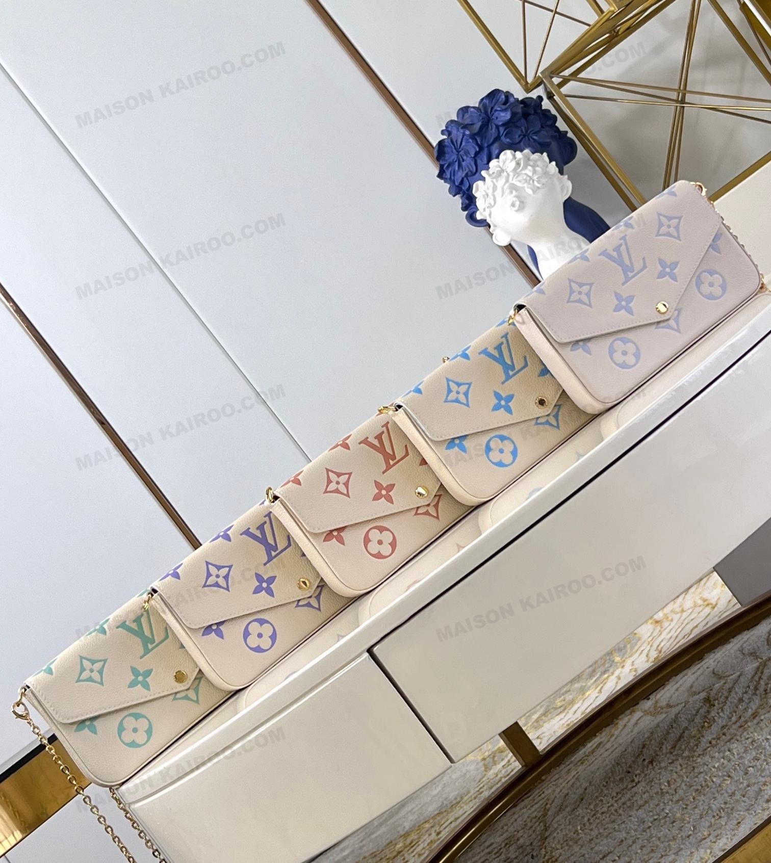 Louis Vuitton LV Felicie Pochette 3-in-1 Pastel Bicolor Monogram Embossed Leather Chain Envelope Shoulder Bag - KAIROO
