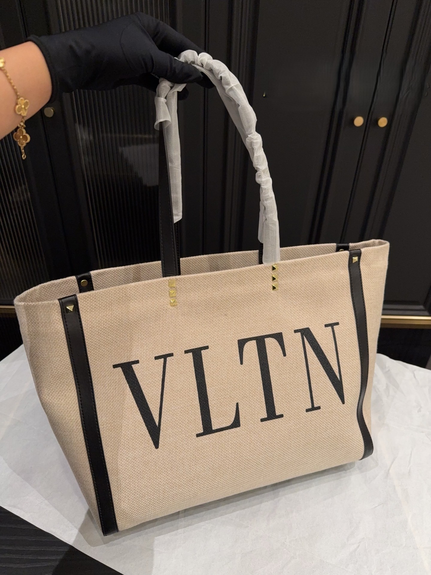 Valentino Garavani VLTN Large Logo Black Leather Trim Rockstud Canvas Shopping Tote Bags - KAIROO