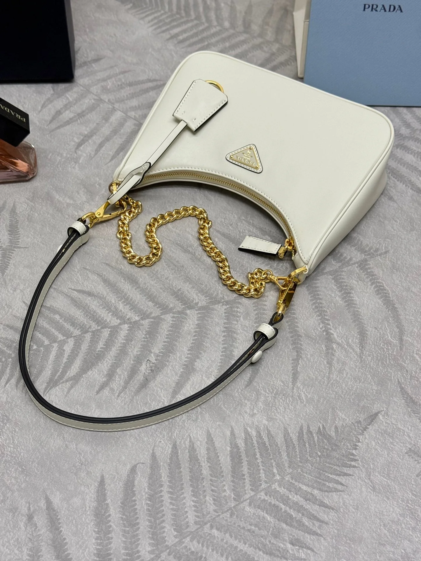 Prada HOBO BAG 23 IN WHITE NAPPA LAMBSKIN GOLD CHAIN