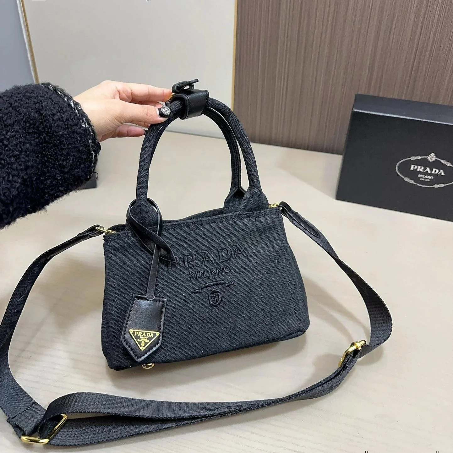 Prada EMBOSSED LOGO TOTE BAG 30 IN BLACK FABIC